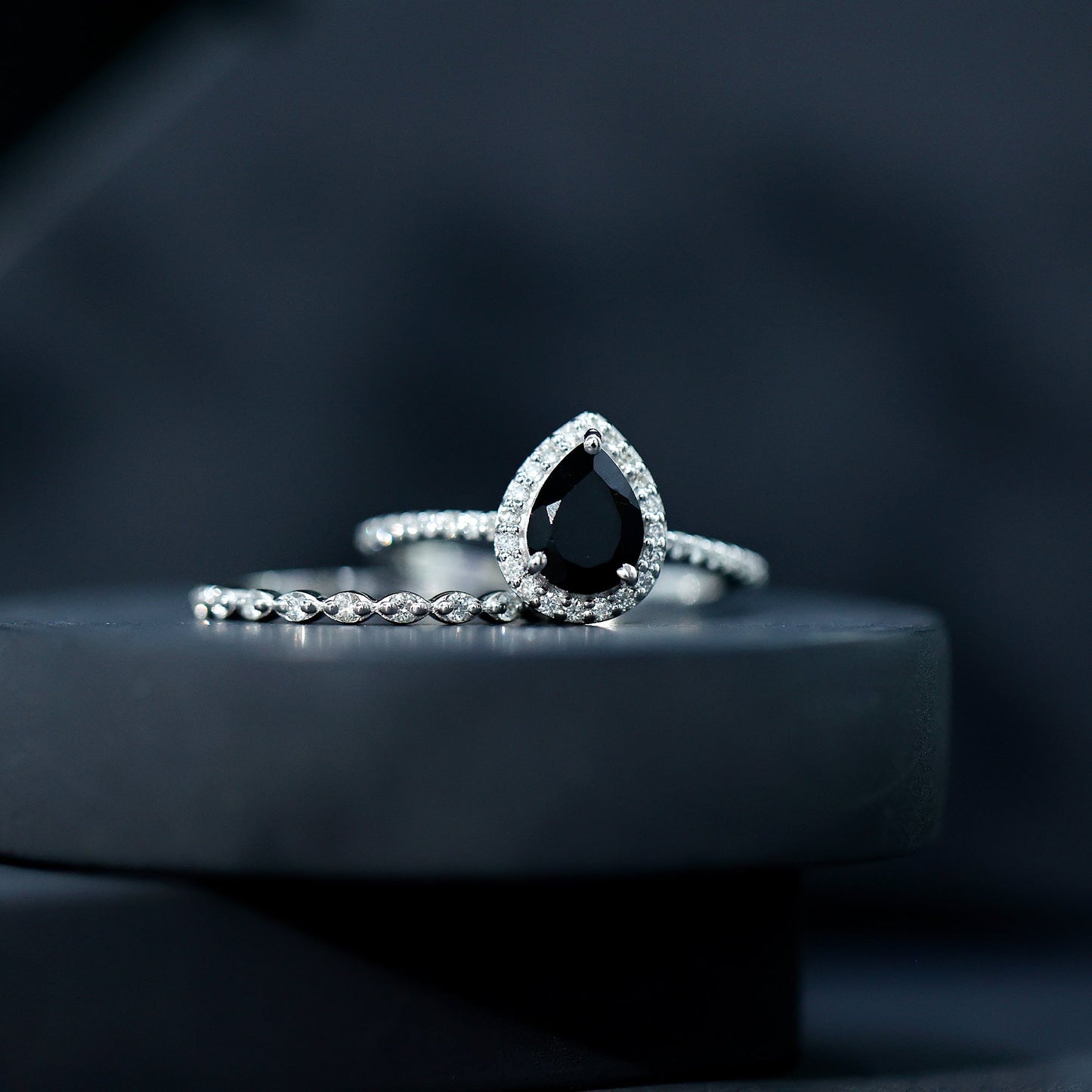Pear Shaped Black Onyx and Diamond Halo Bridal Ring Set With Certificate