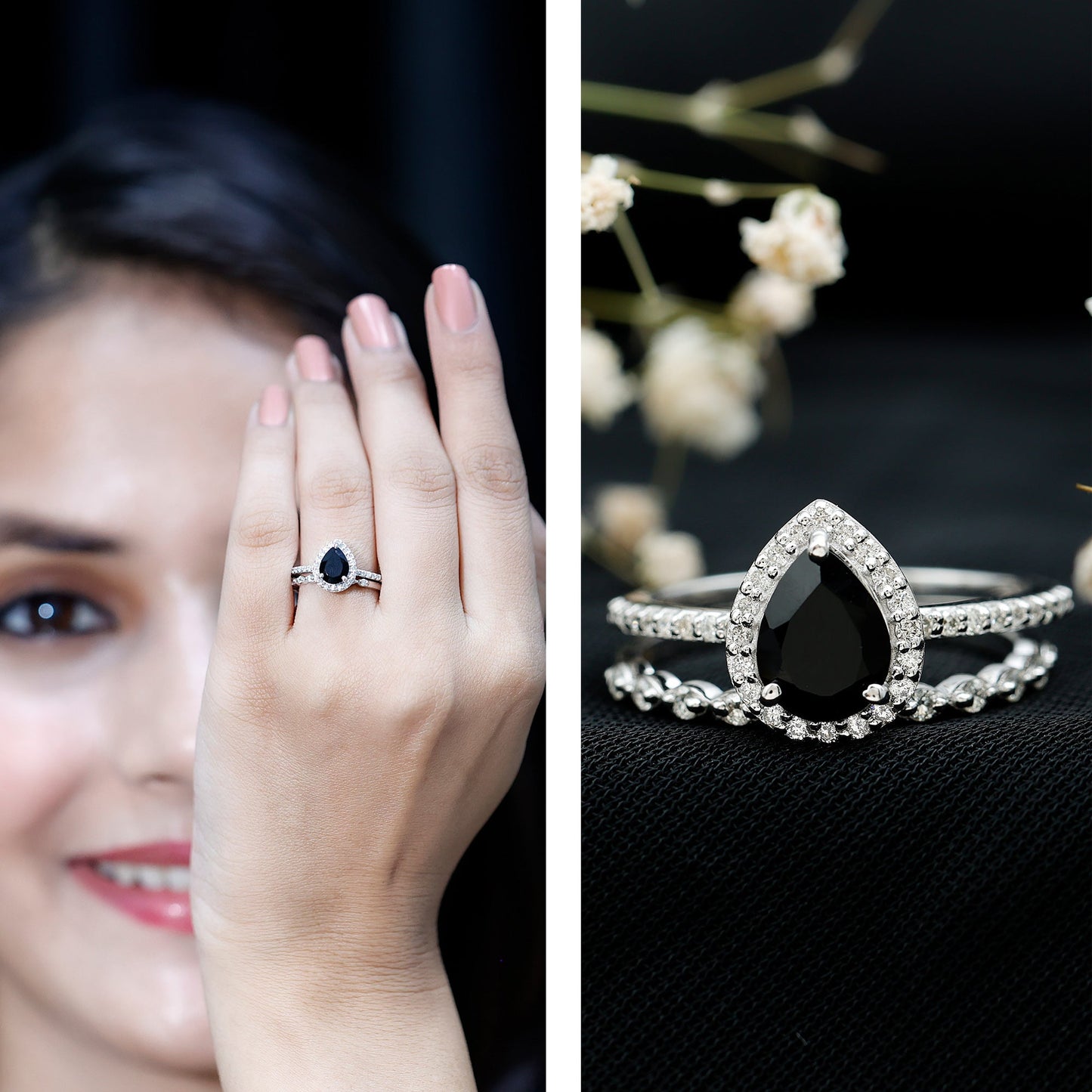 Pear Shaped Black Onyx and Diamond Halo Bridal Ring Set With Certificate
