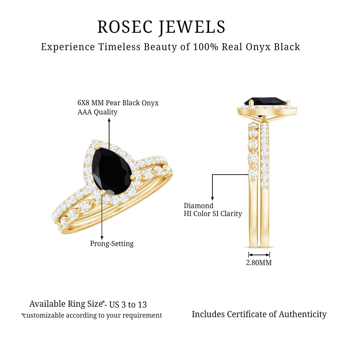 Pear Shaped Black Onyx and Diamond Halo Bridal Ring Set With Certificate