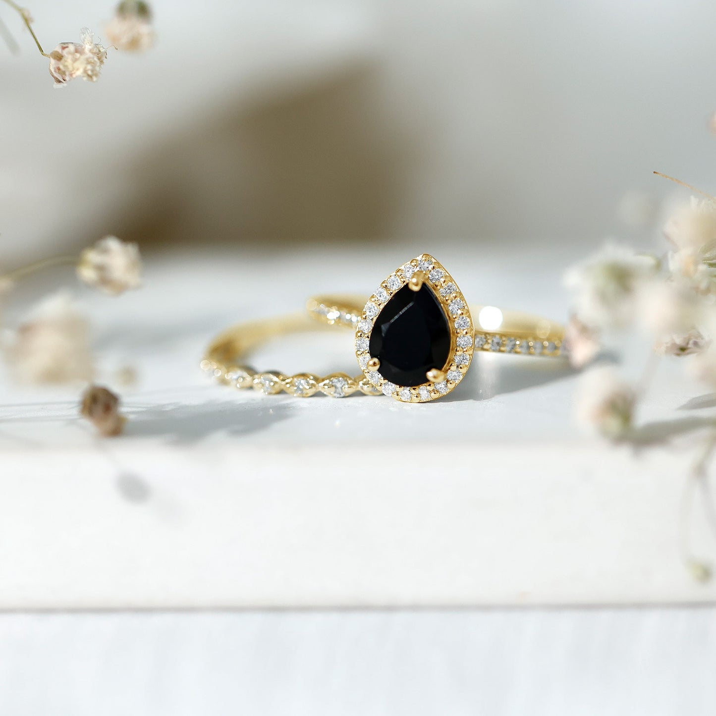 Pear Shaped Black Onyx and Diamond Halo Bridal Ring Set With Certificate