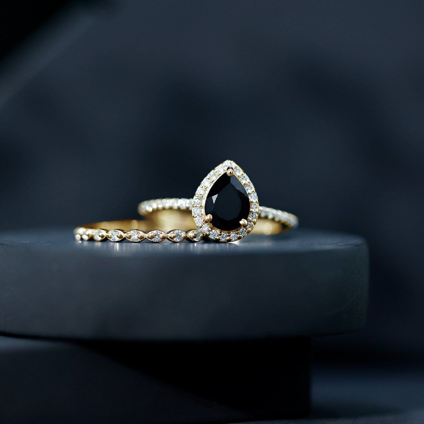 Pear Shaped Black Onyx and Diamond Halo Bridal Ring Set With Certificate