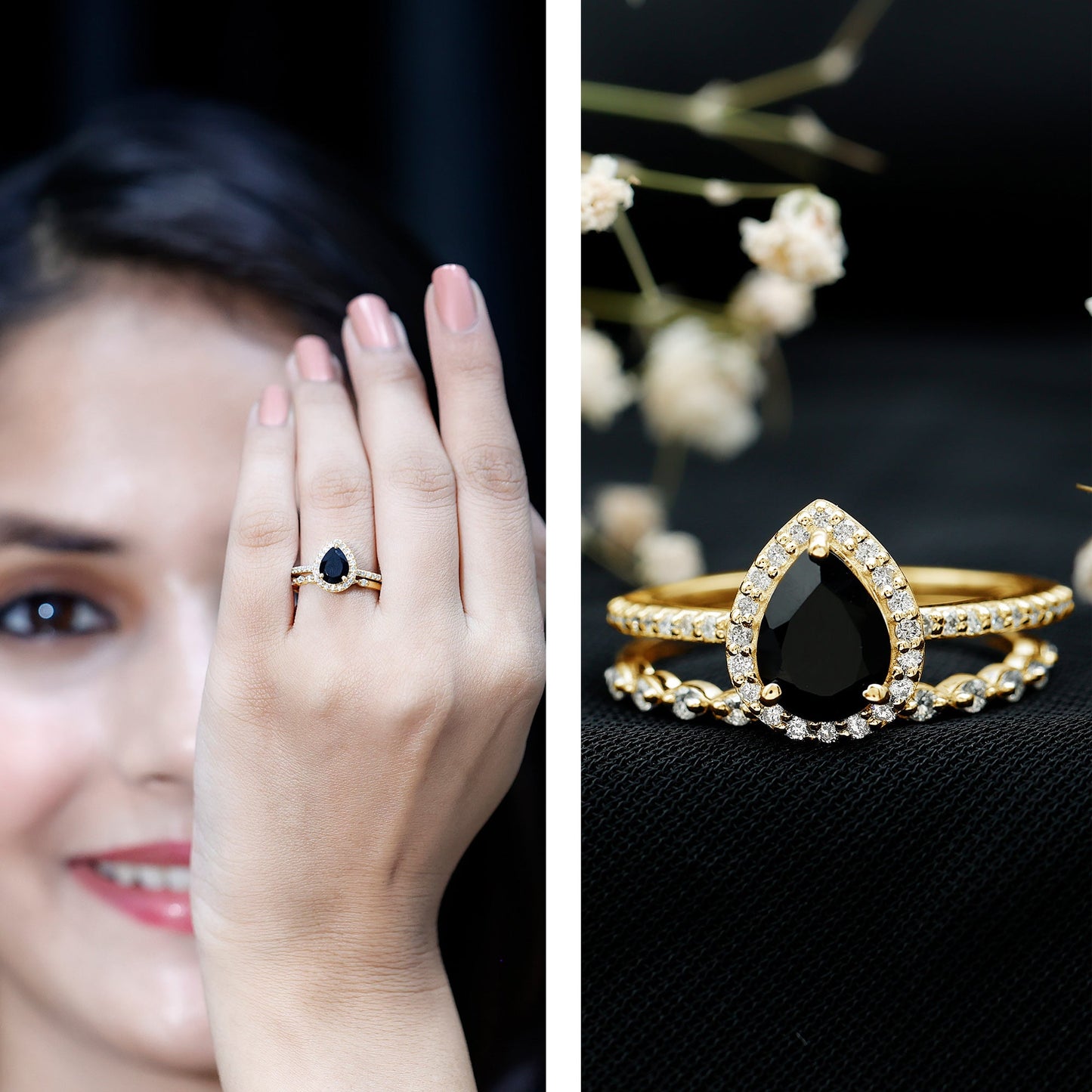 Pear Shaped Black Onyx and Diamond Halo Bridal Ring Set With Certificate