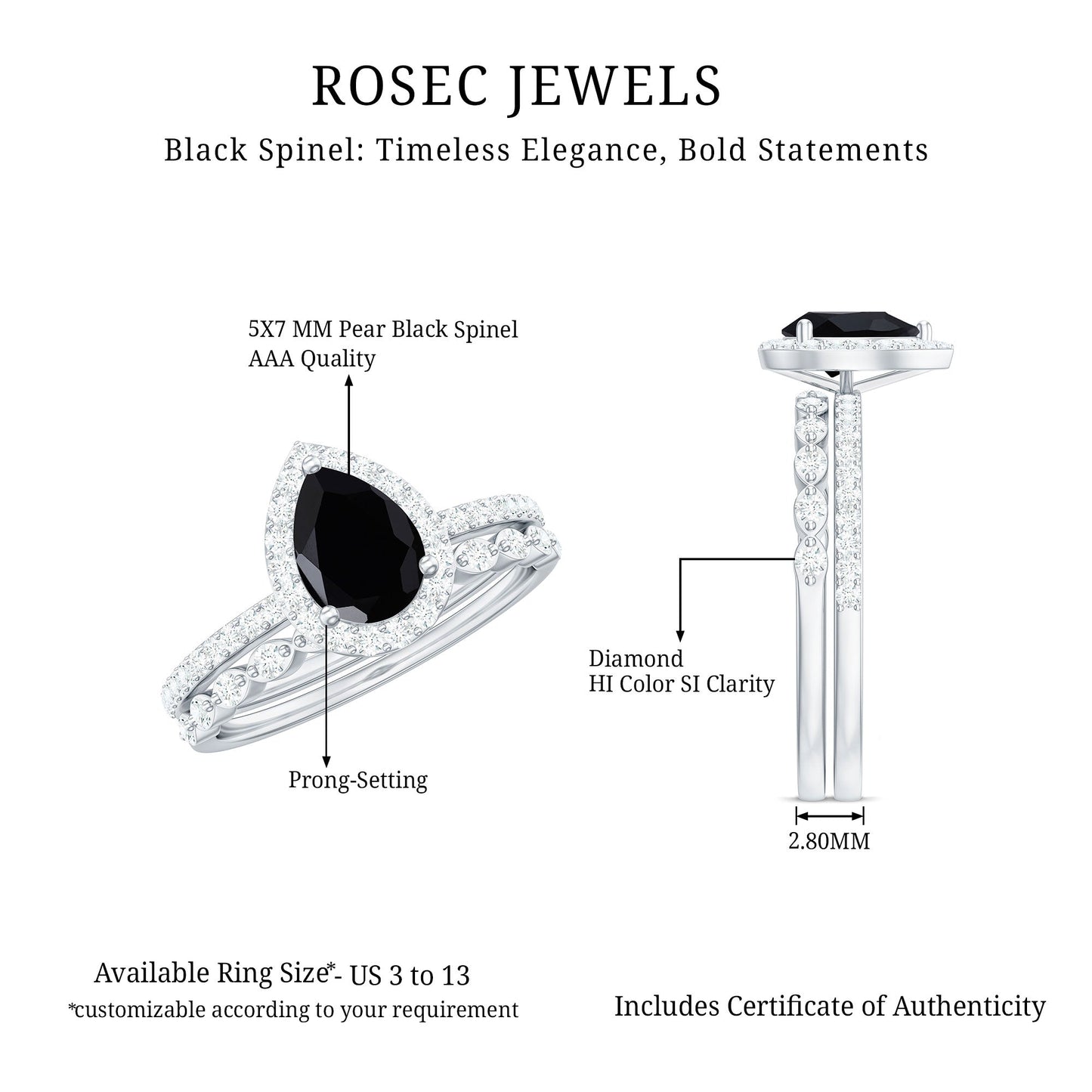 Natural 0.6 Carat Pear Shape Black Spinel Diamond Wedding Engagement Ring Set of 2