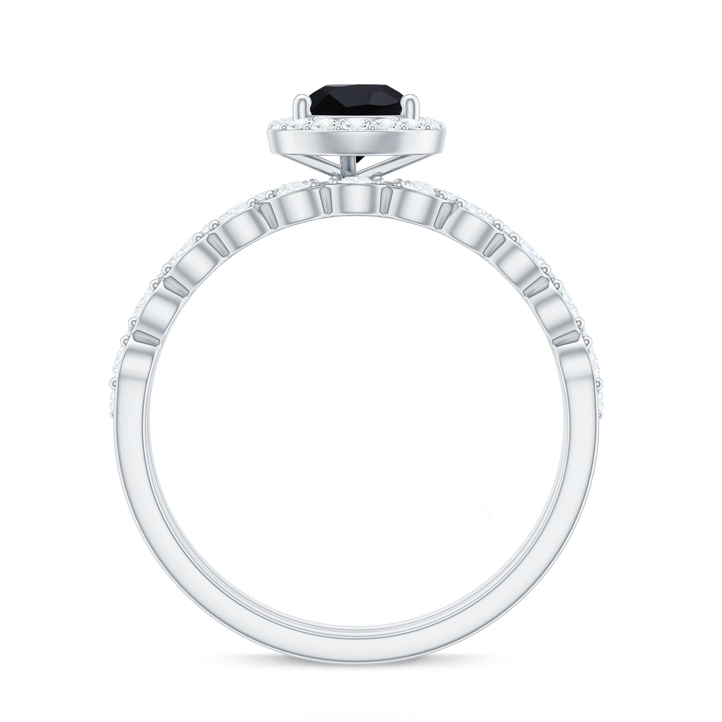 Natural 0.6 Carat Pear Shape Black Spinel Diamond Wedding Engagement Ring Set of 2