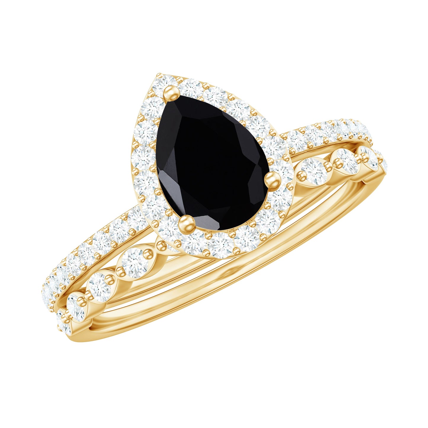 Natural 0.6 Carat Pear Shape Black Spinel Diamond Wedding Engagement Ring Set of 2