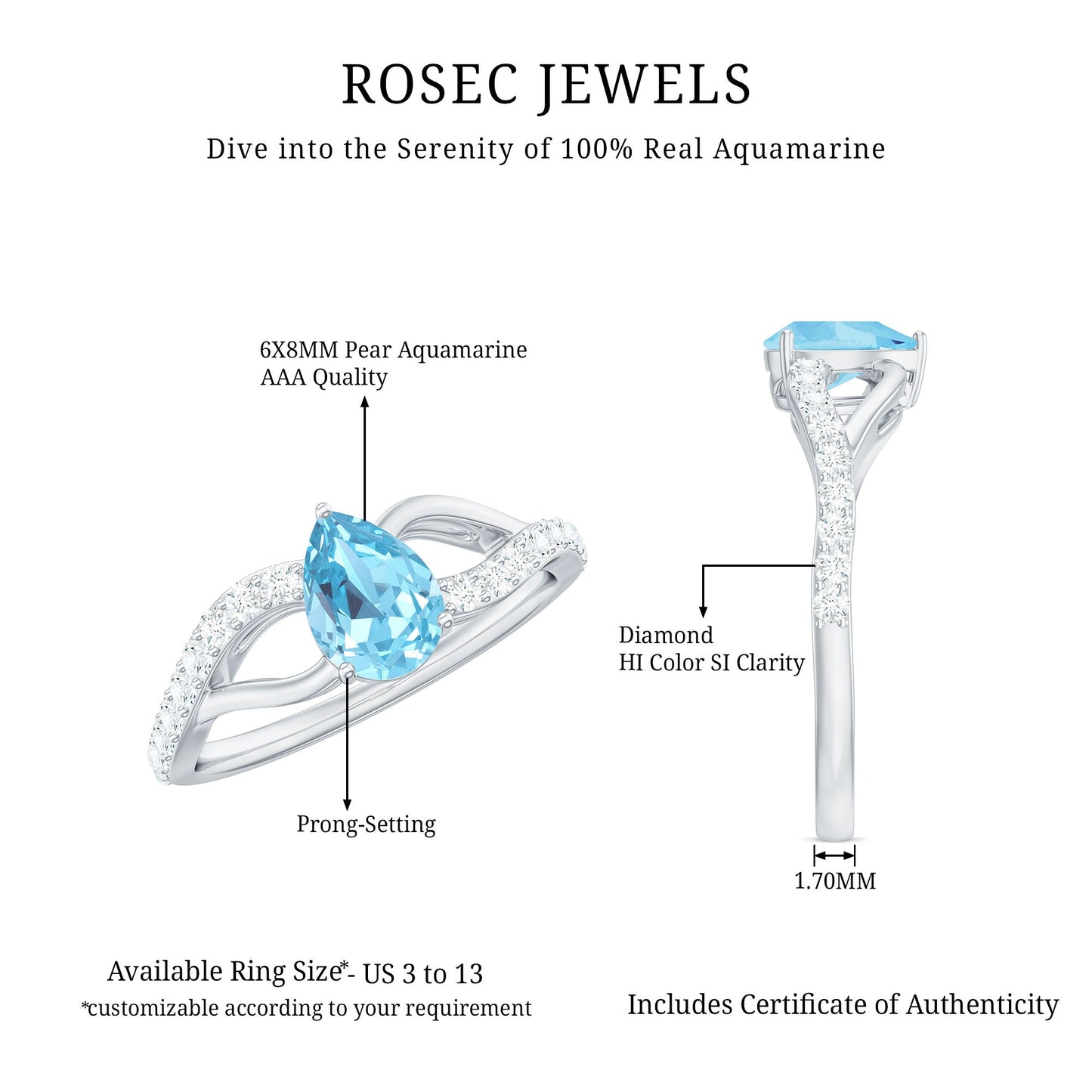 Split Shank Pear Cut Aquamarine Solitaire Ring with Diamond
