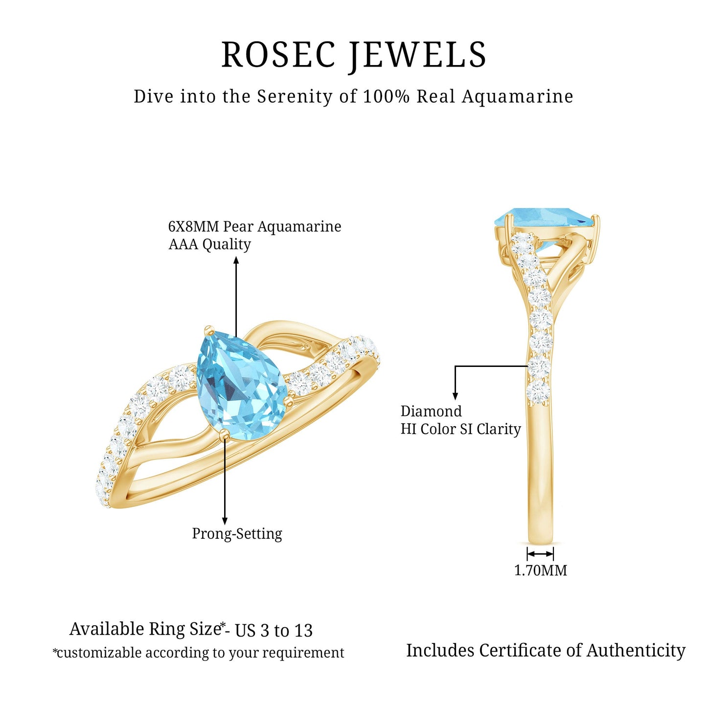 Split Shank Pear Cut Aquamarine Solitaire Ring with Diamond