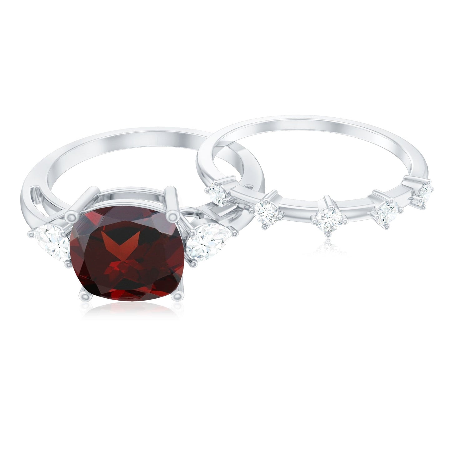 Natural 3.2 Carat Cushion Cut Garnet Diamond Wedding Bridal Ring Set