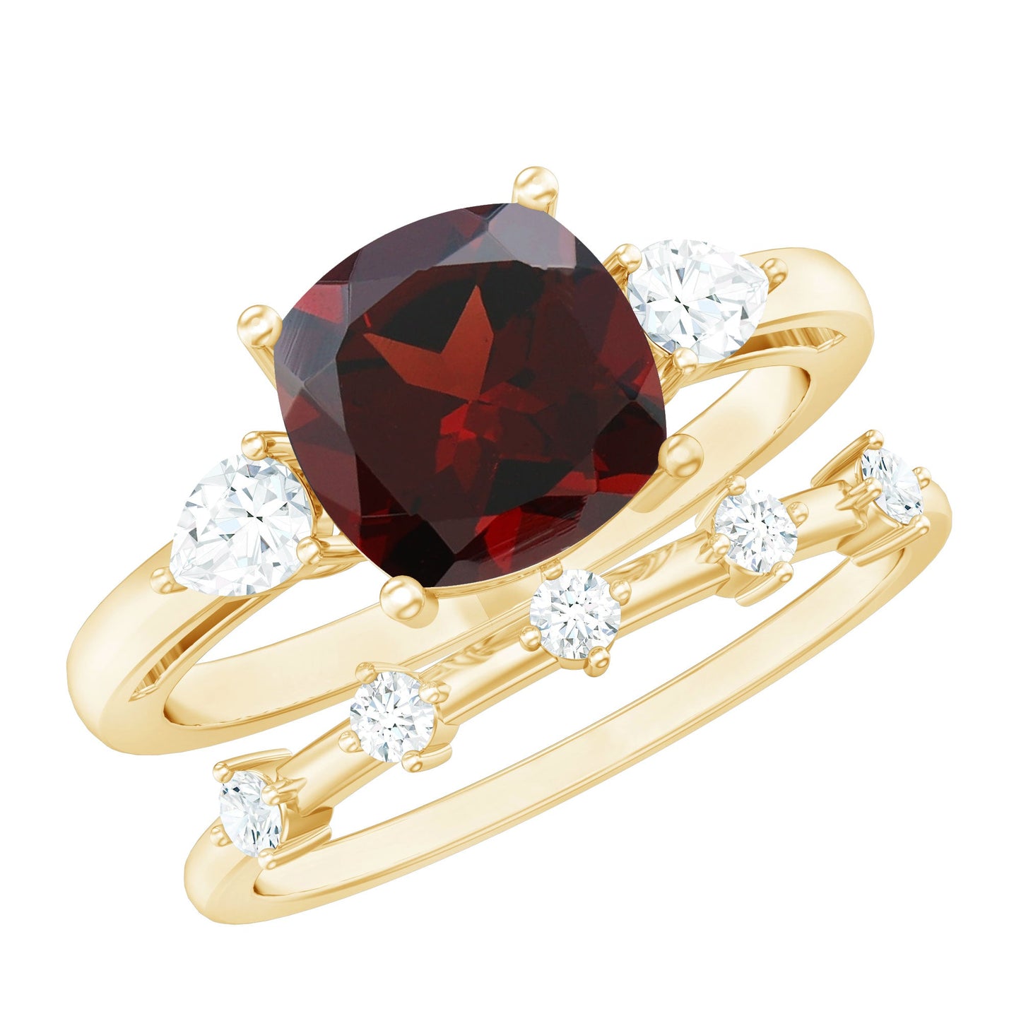 Natural 3.2 Carat Cushion Cut Garnet Diamond Wedding Bridal Ring Set
