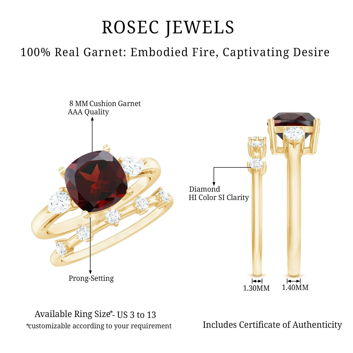 Natural 3.2 Carat Cushion Cut Garnet Diamond Wedding Bridal Ring Set