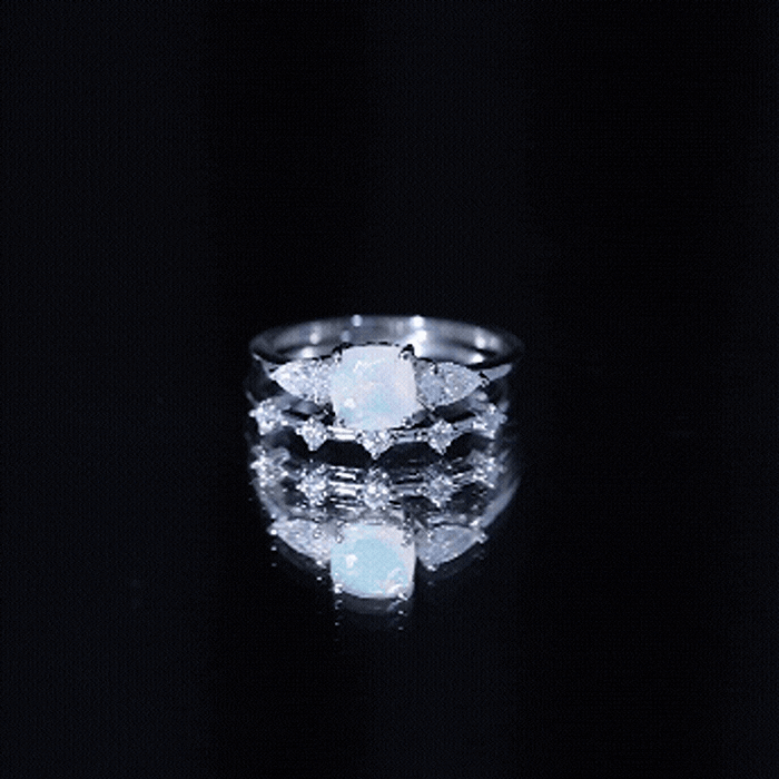 Cushion Cut Real Ethiopian Opal Wedding Ring Set with Diamond