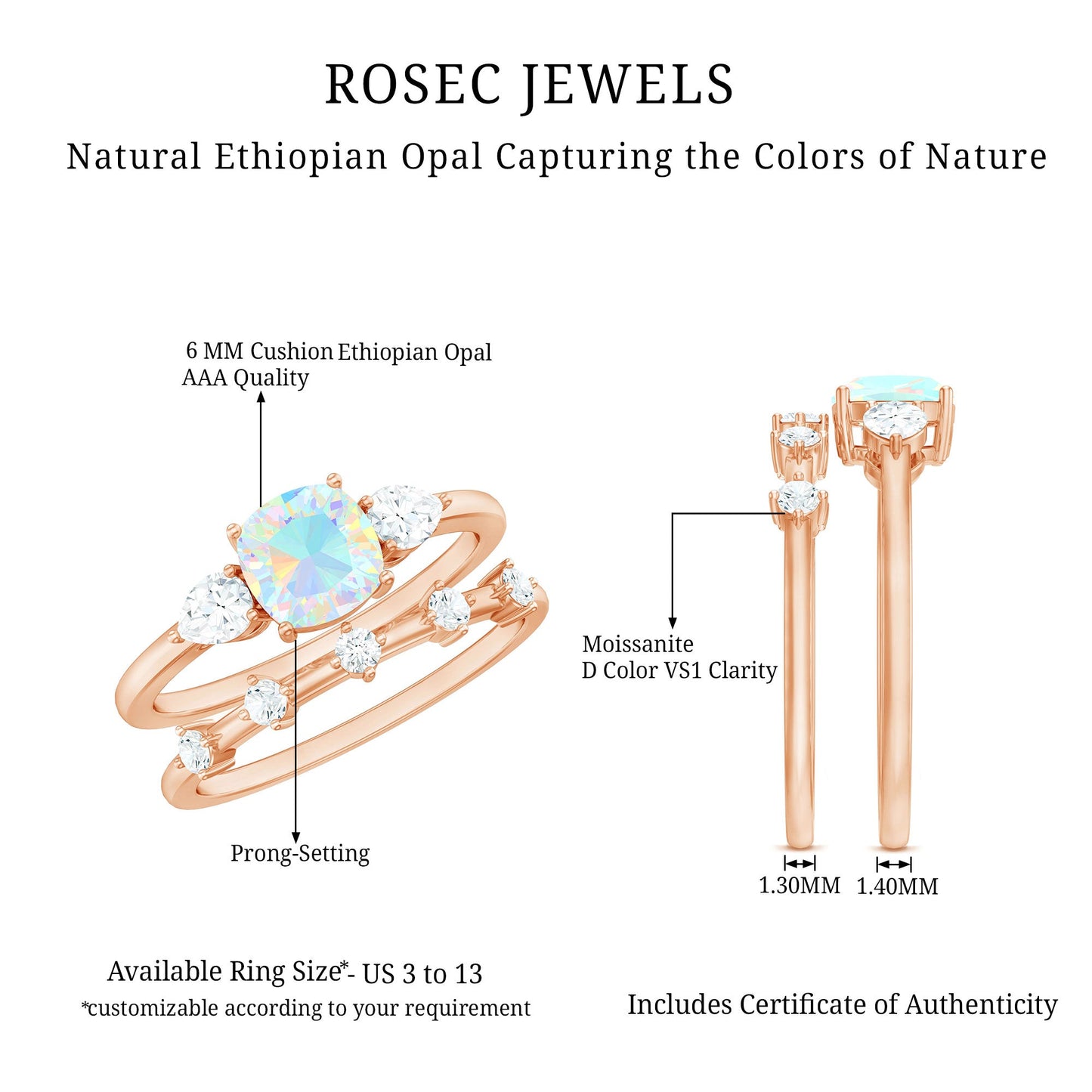 Cushion Cut Real Ethiopian Opal Wedding Ring Set with Diamond