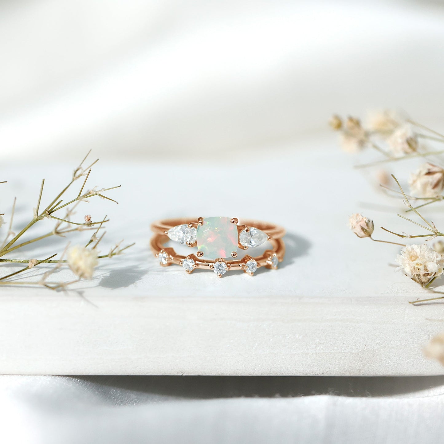 Cushion Cut Real Ethiopian Opal Wedding Ring Set with Diamond