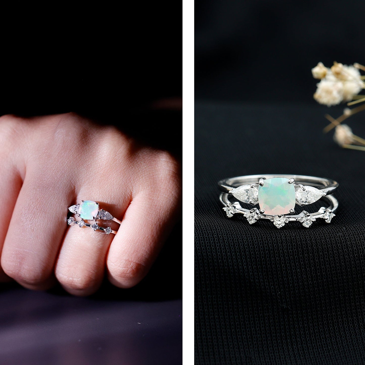Cushion Cut Real Ethiopian Opal Wedding Ring Set with Diamond