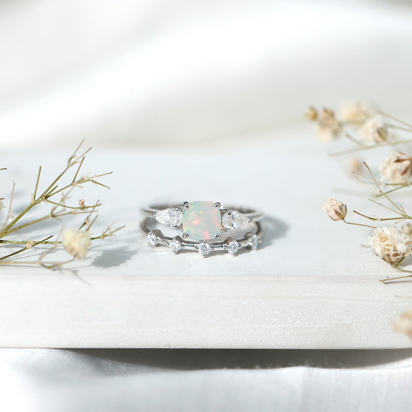 Cushion Cut Real Ethiopian Opal Wedding Ring Set with Diamond