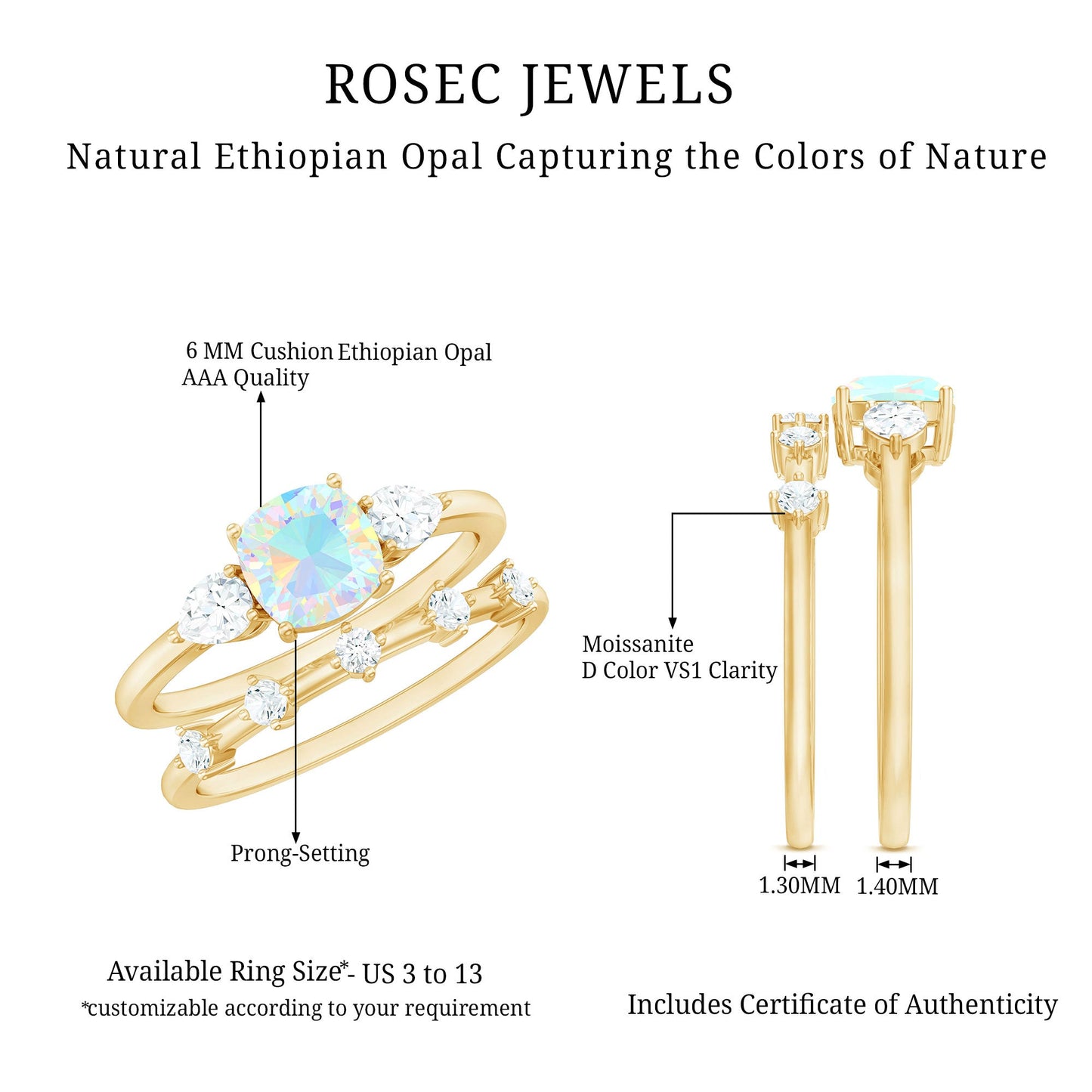 Cushion Cut Real Ethiopian Opal Wedding Ring Set with Diamond