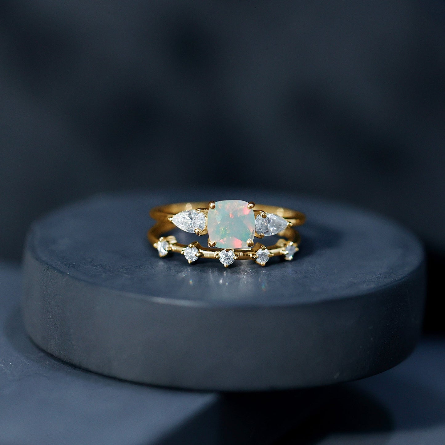 Cushion Cut Real Ethiopian Opal Wedding Ring Set with Diamond