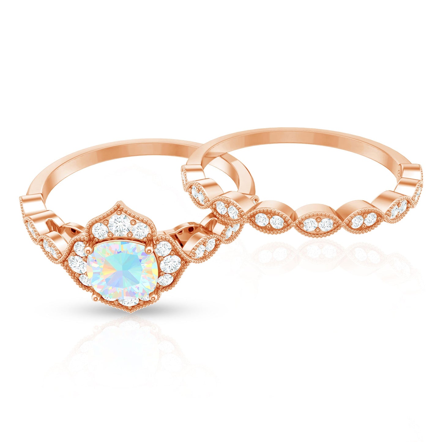Vintage Inspired Ethiopian Opal Flower Engagement Ring with Wedding Band