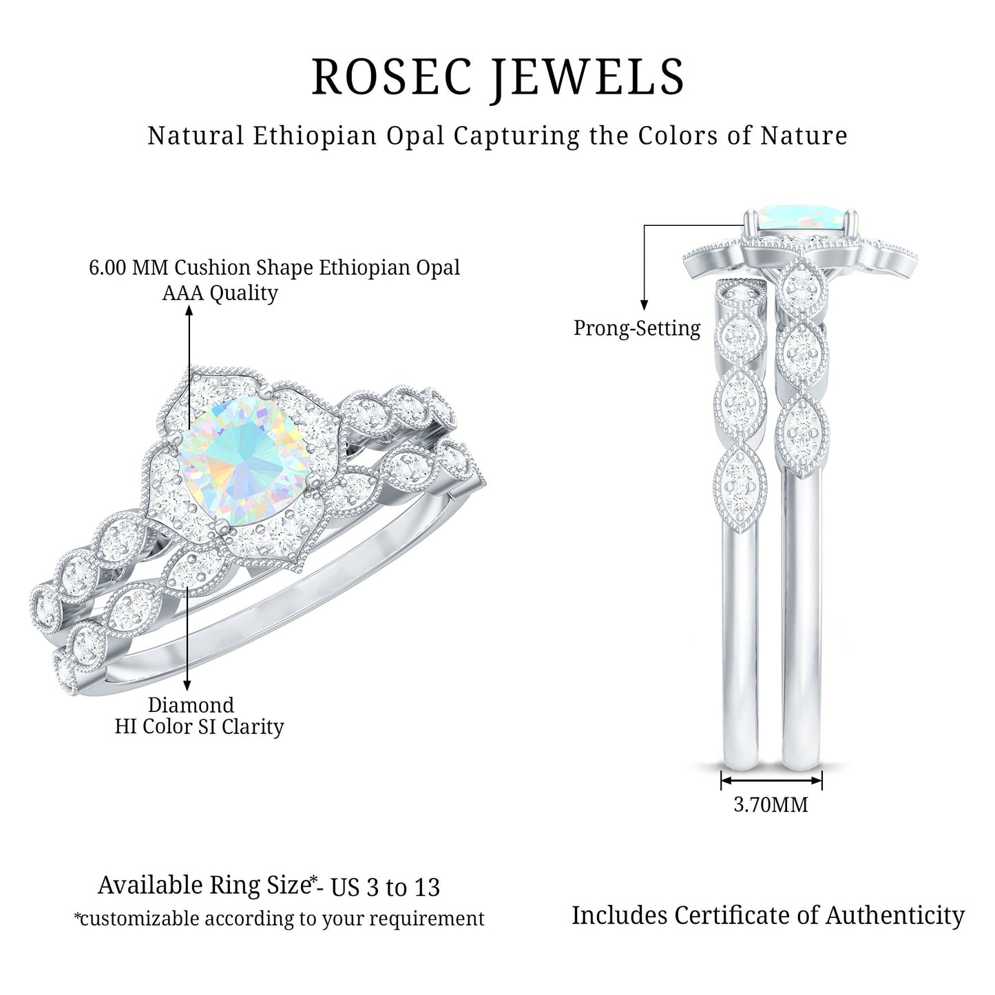 Vintage Inspired Ethiopian Opal Flower Engagement Ring with Wedding Band