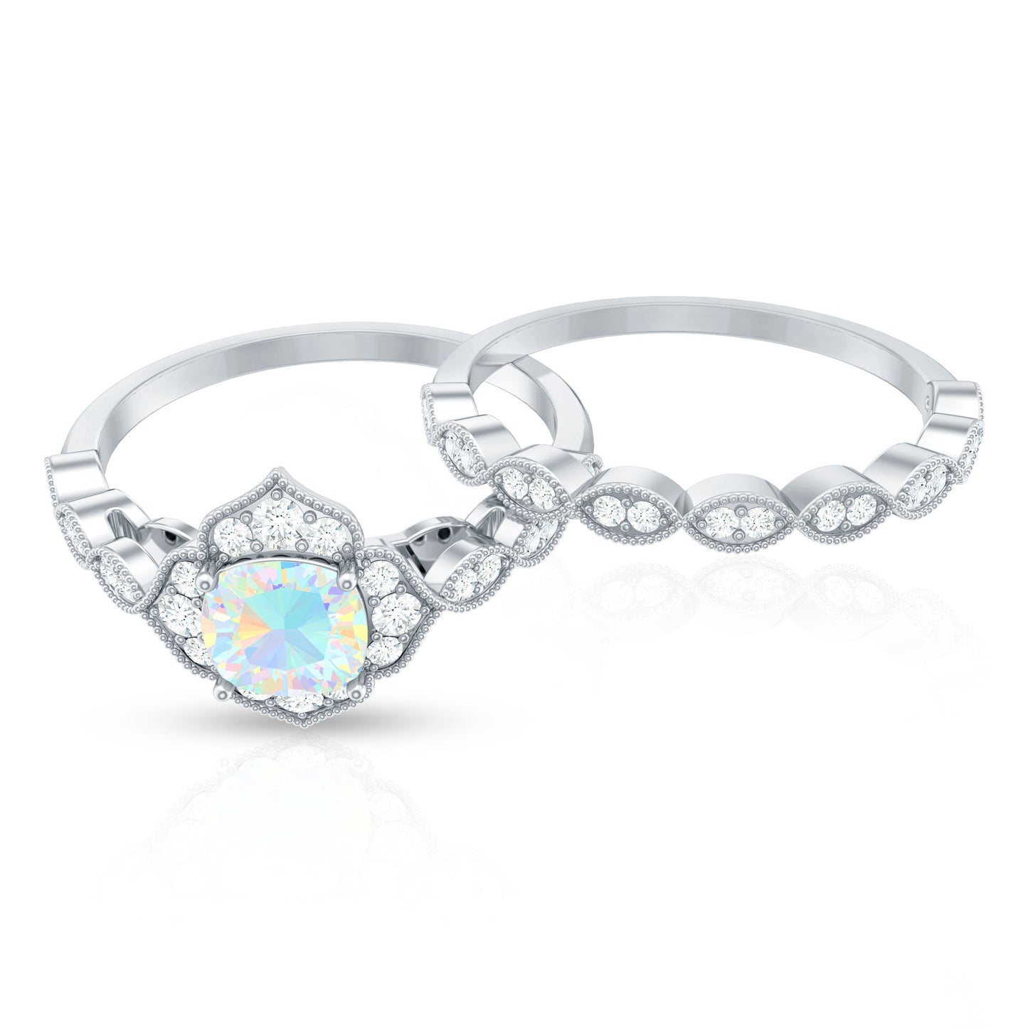 Vintage Inspired Ethiopian Opal Flower Engagement Ring with Wedding Band