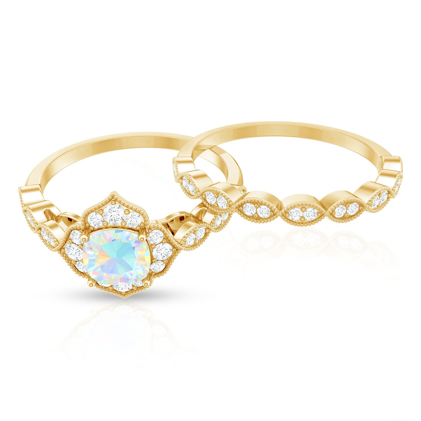 Vintage Inspired Ethiopian Opal Flower Engagement Ring with Wedding Band