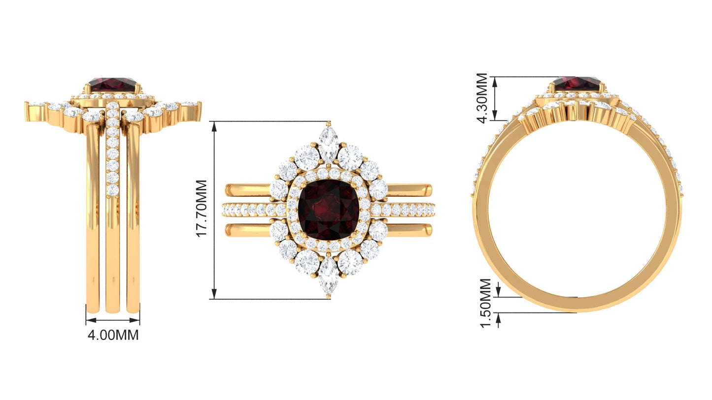 Natural 3.2 Carat Cushion Cut Garnet Statement Bridal Ring Set