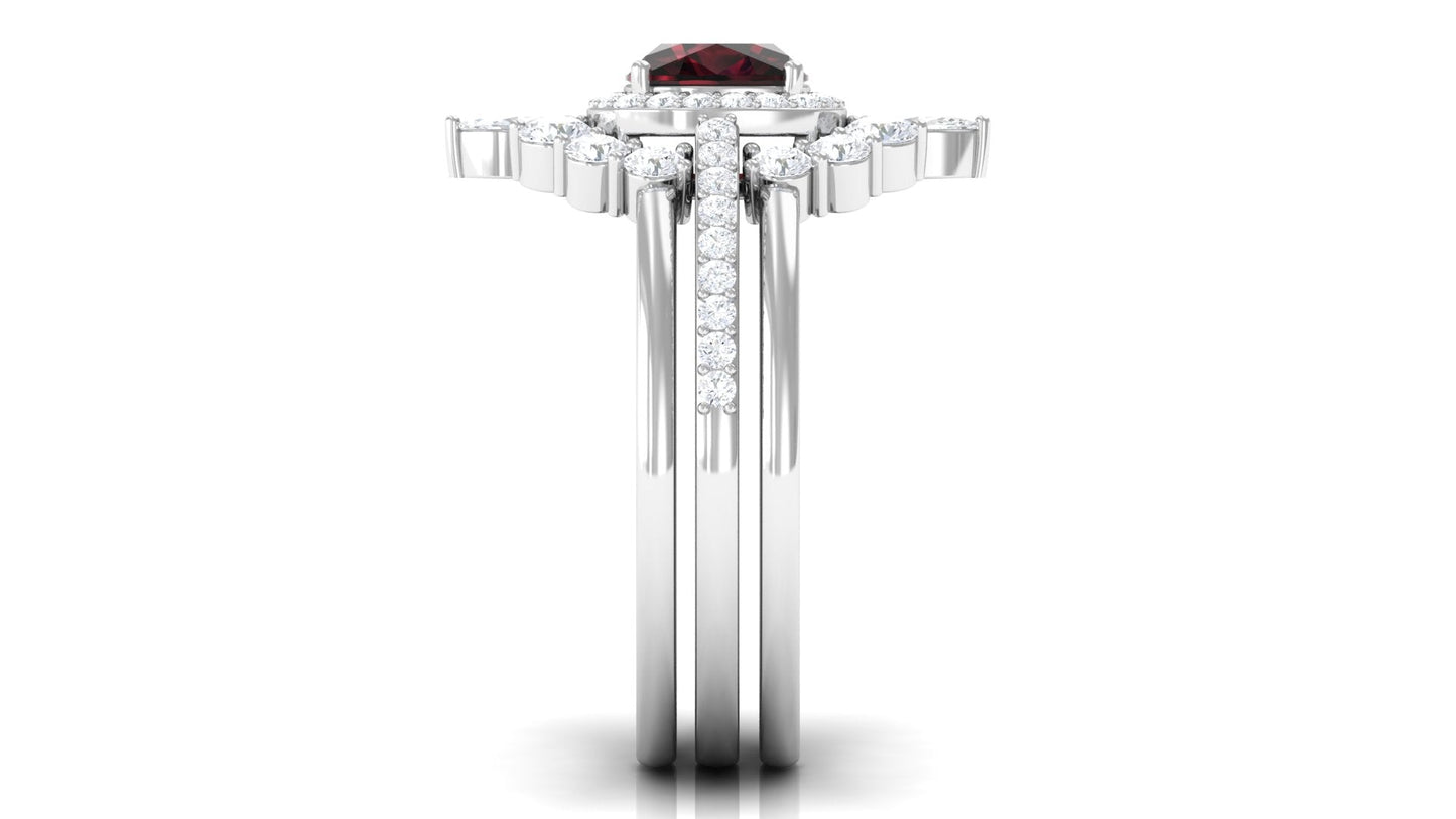 Natural 3.2 Carat Cushion Cut Garnet Statement Bridal Ring Set