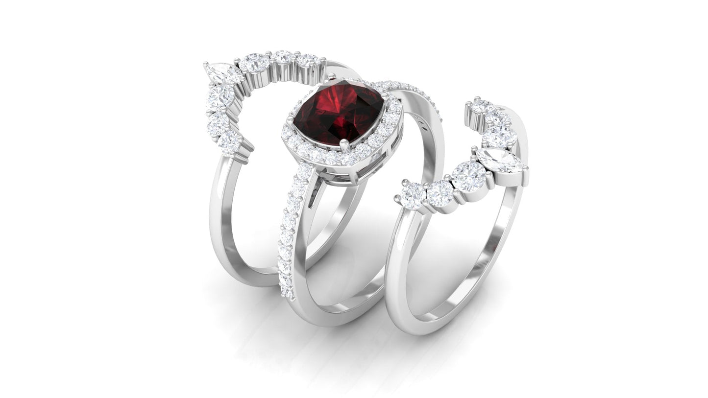 Natural 3.2 Carat Cushion Cut Garnet Statement Bridal Ring Set