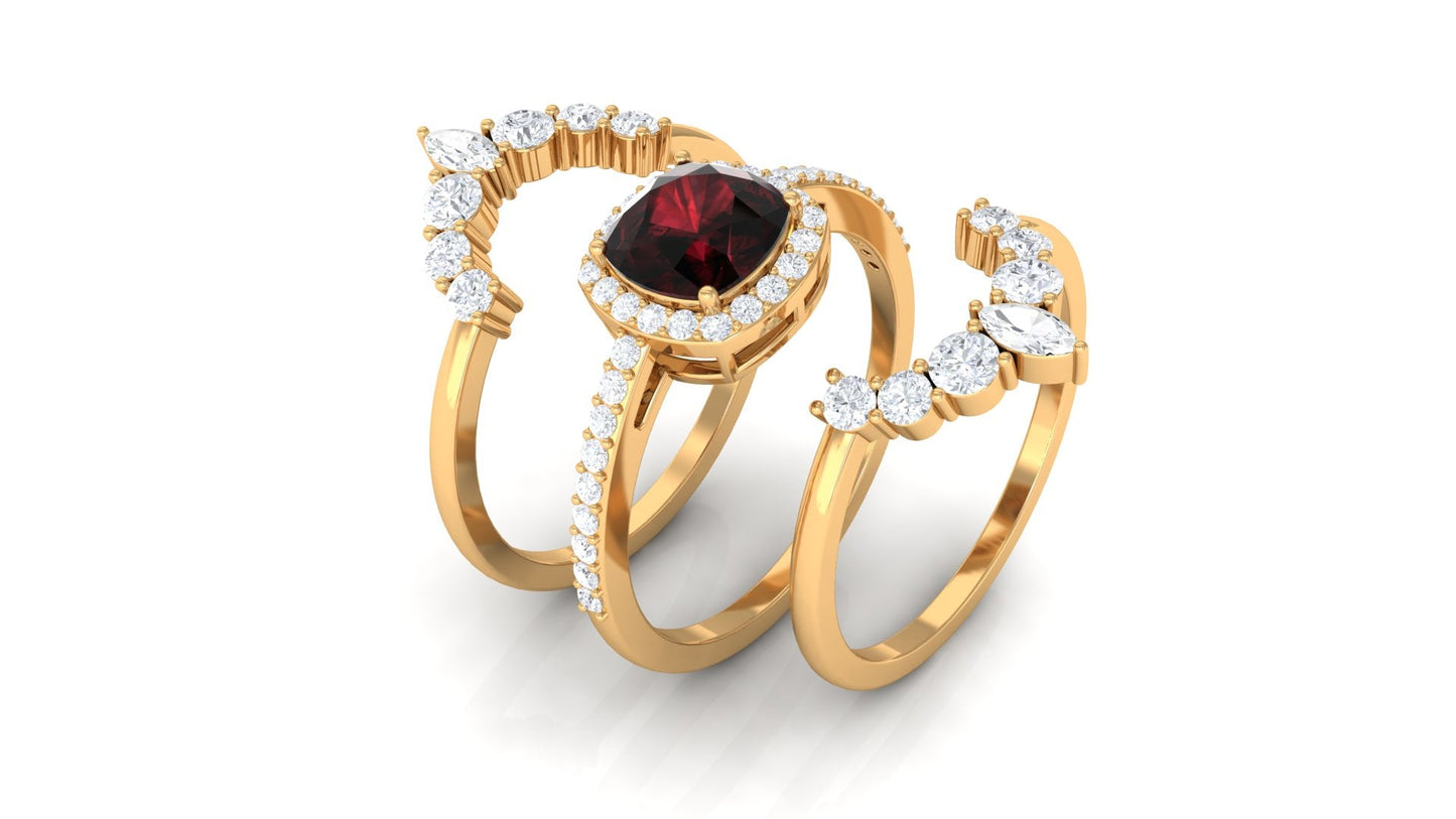 Natural 3.2 Carat Cushion Cut Garnet Statement Bridal Ring Set