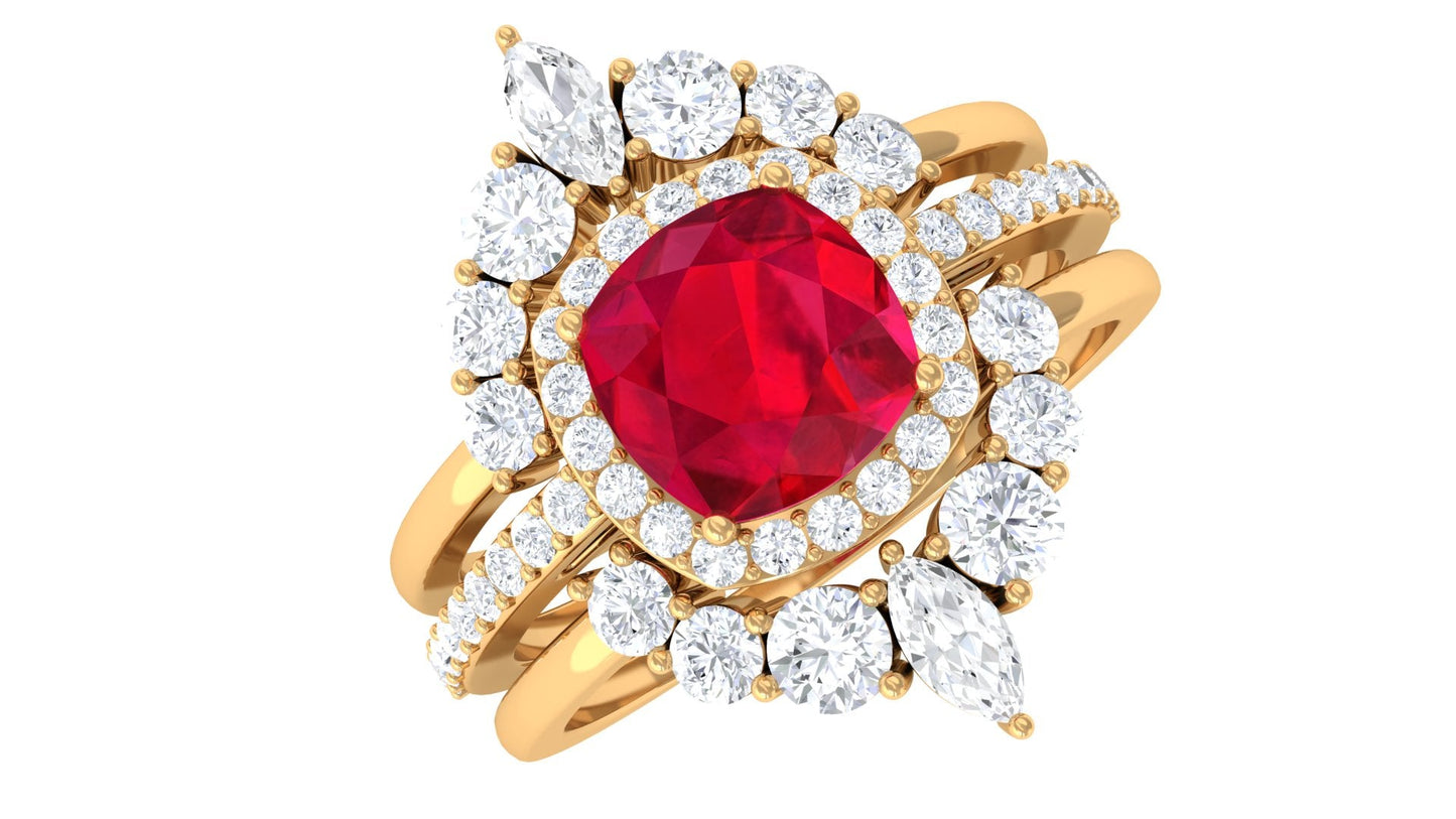 2 Carat Certified Lab Grown Ruby 3 Piece Bridal Ring Set with Moissanite