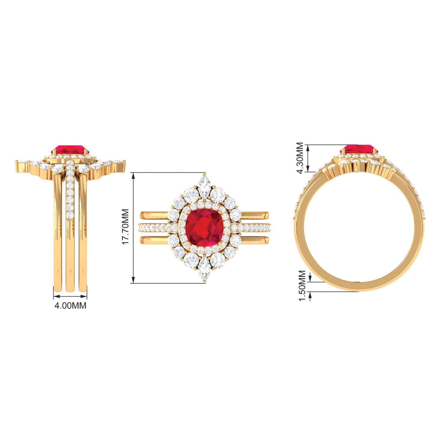 2 Carat Certified Lab Grown Ruby 3 Piece Bridal Ring Set with Moissanite