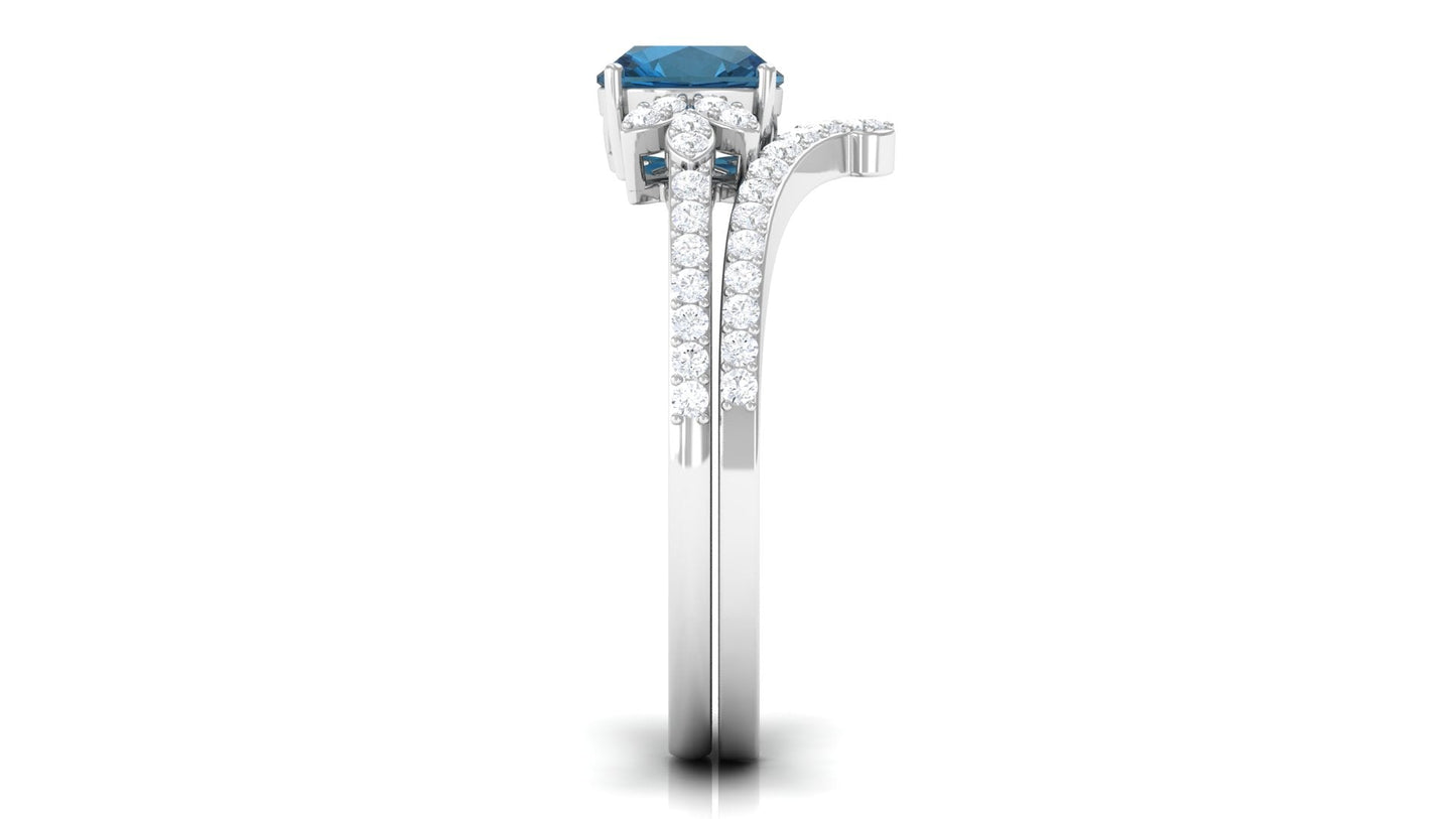 Cushion Cut London Blue Topaz Designer Wedding Ring Set with Diamond Band