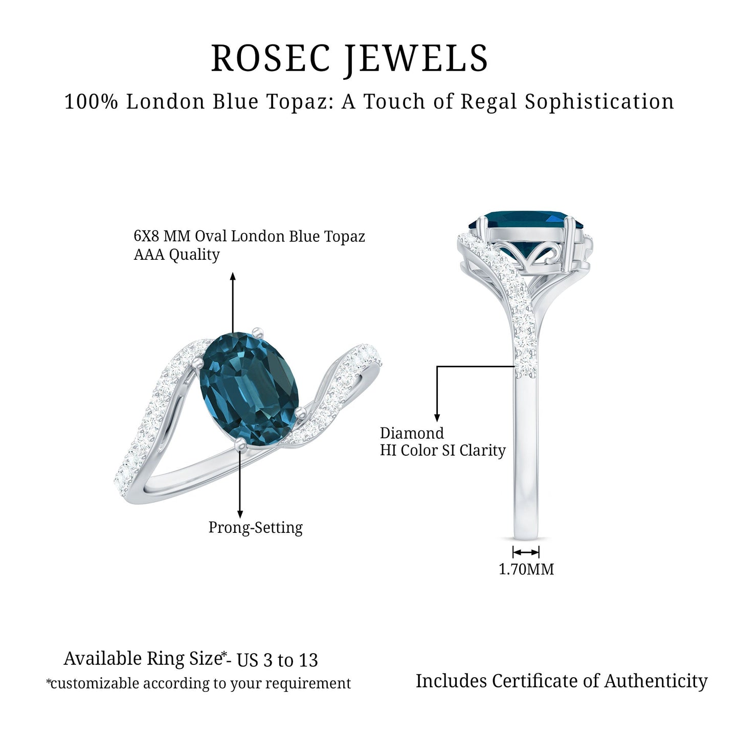 1 Carat Oval Cut London Blue Topaz and Diamond Bypass Engagement Ring