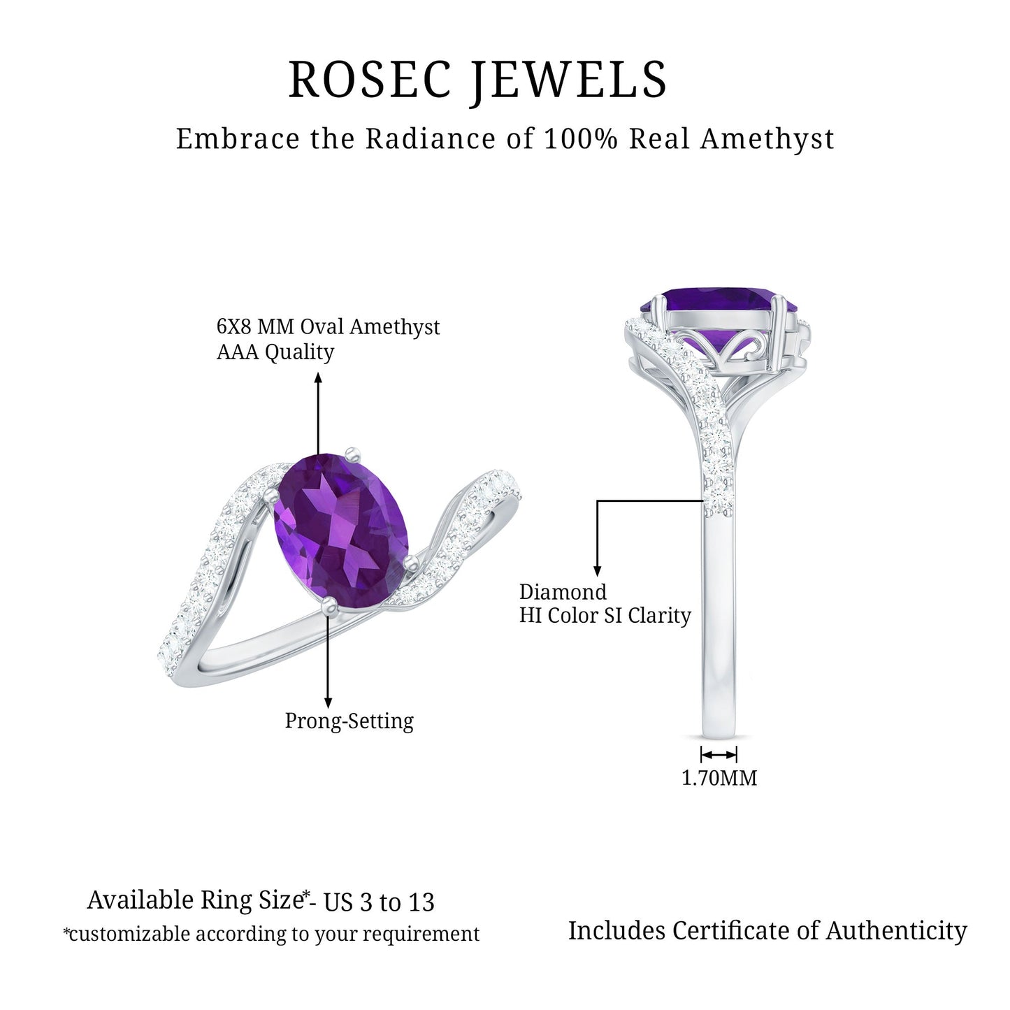 1 Carat Amethyst Oval Engagement Ring with Diamond Bypass Shank
