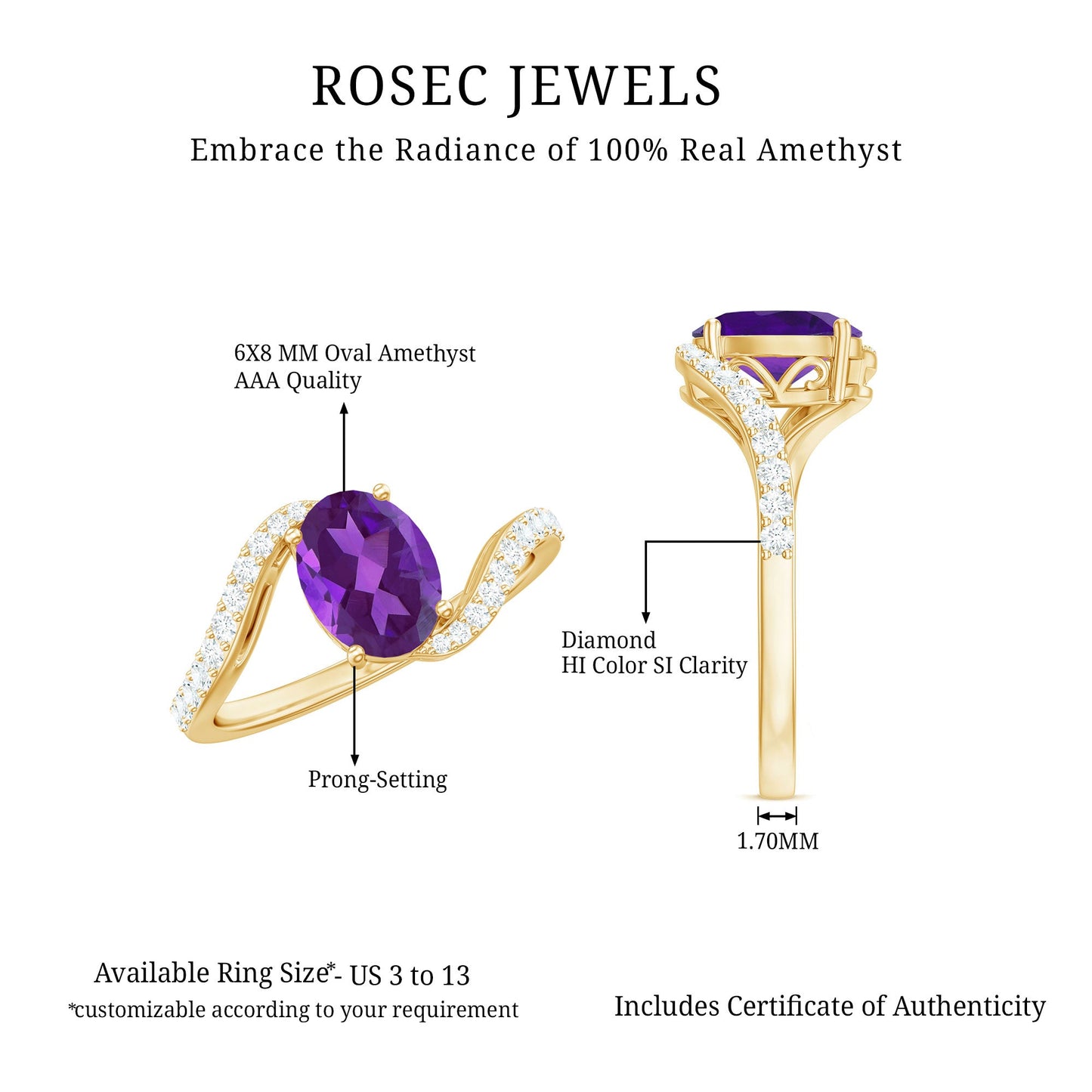 1 Carat Amethyst Oval Engagement Ring with Diamond Bypass Shank