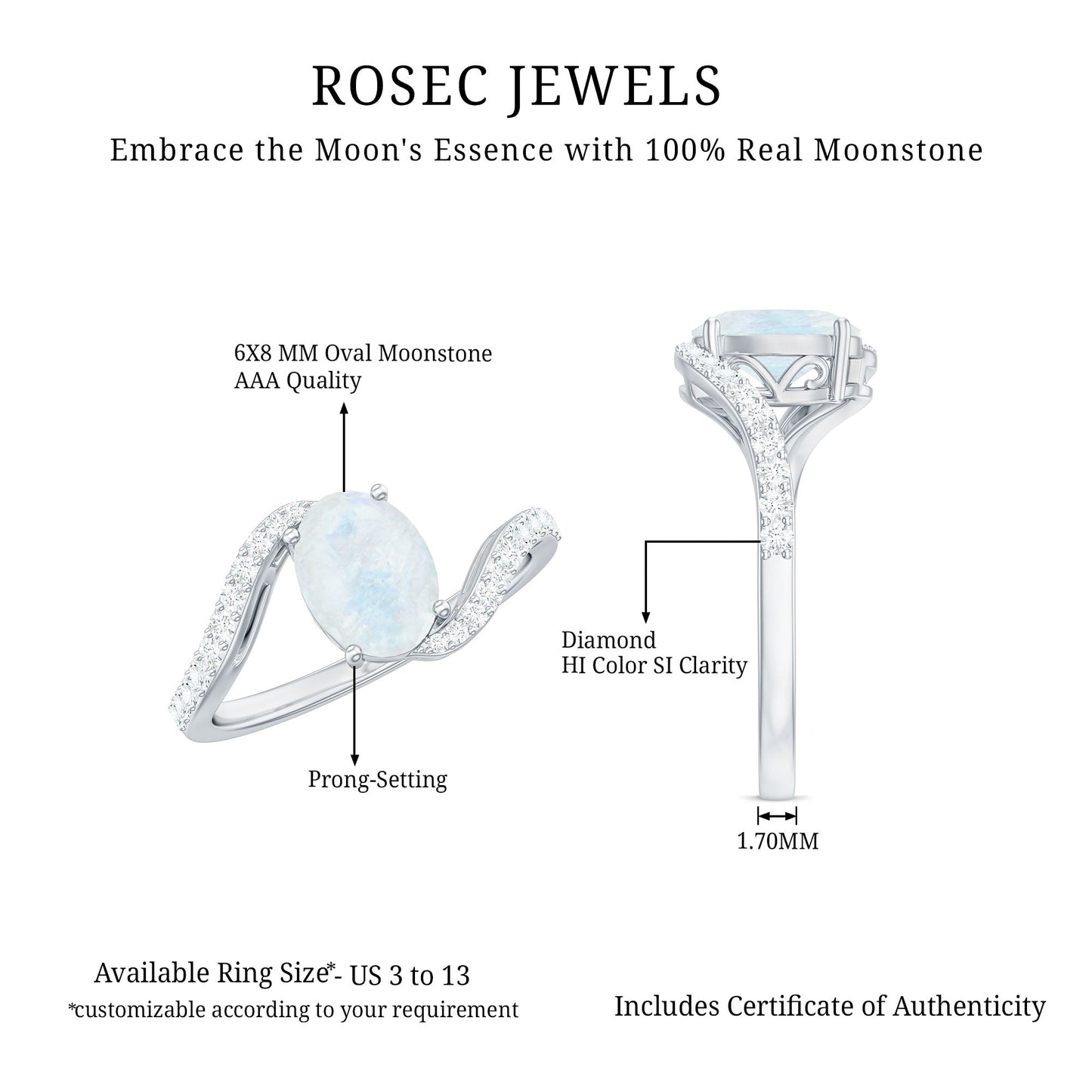 Oval Cut Solitaire Moonstone and Diamond Bypass Ring