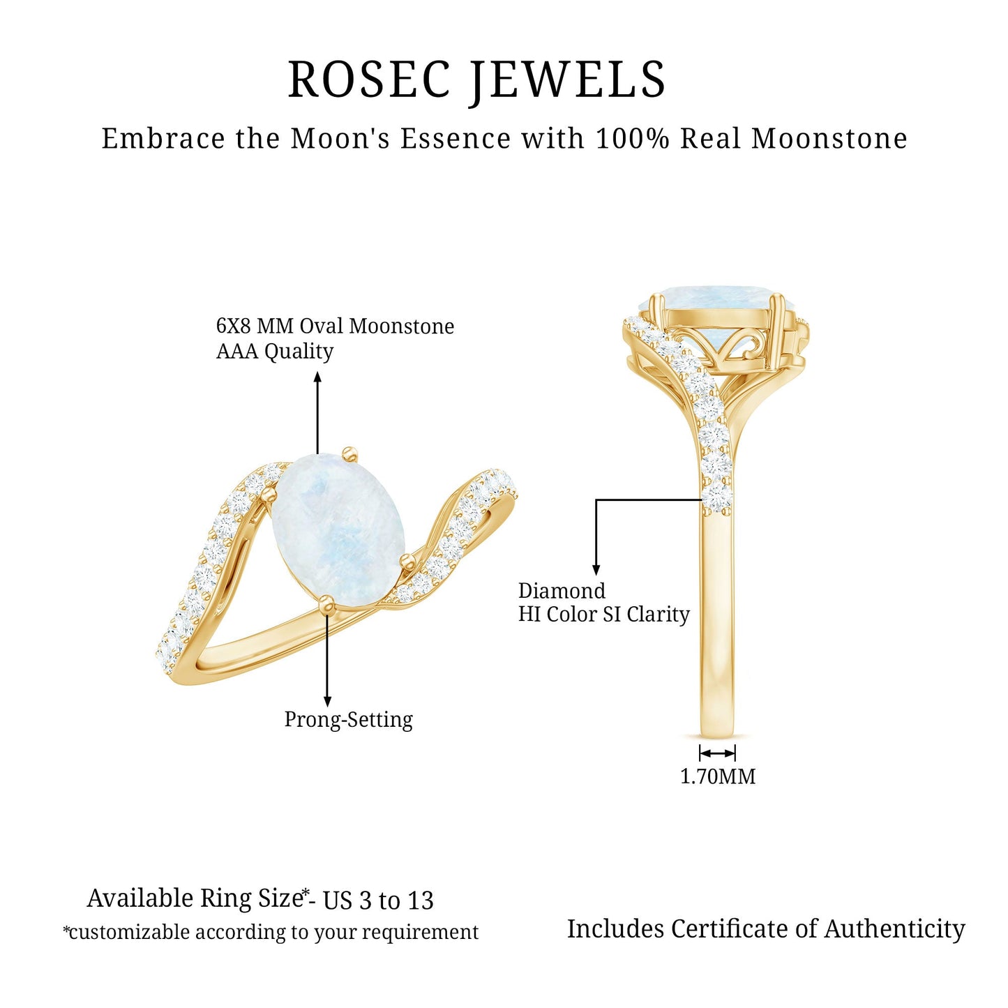 Oval Cut Solitaire Moonstone and Diamond Bypass Ring