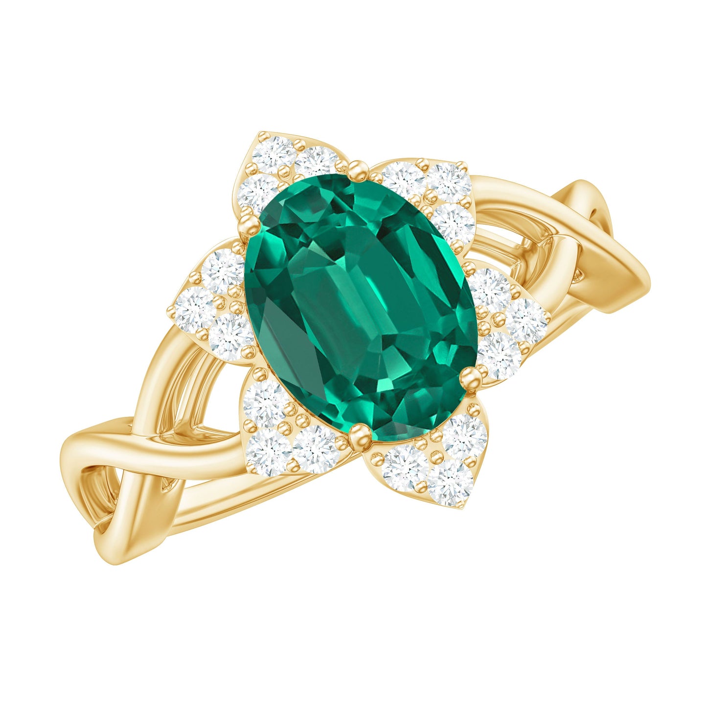 Certified Oval Lab Grown Emerald Diamond Flower Engagement Ring with Crossover Shank