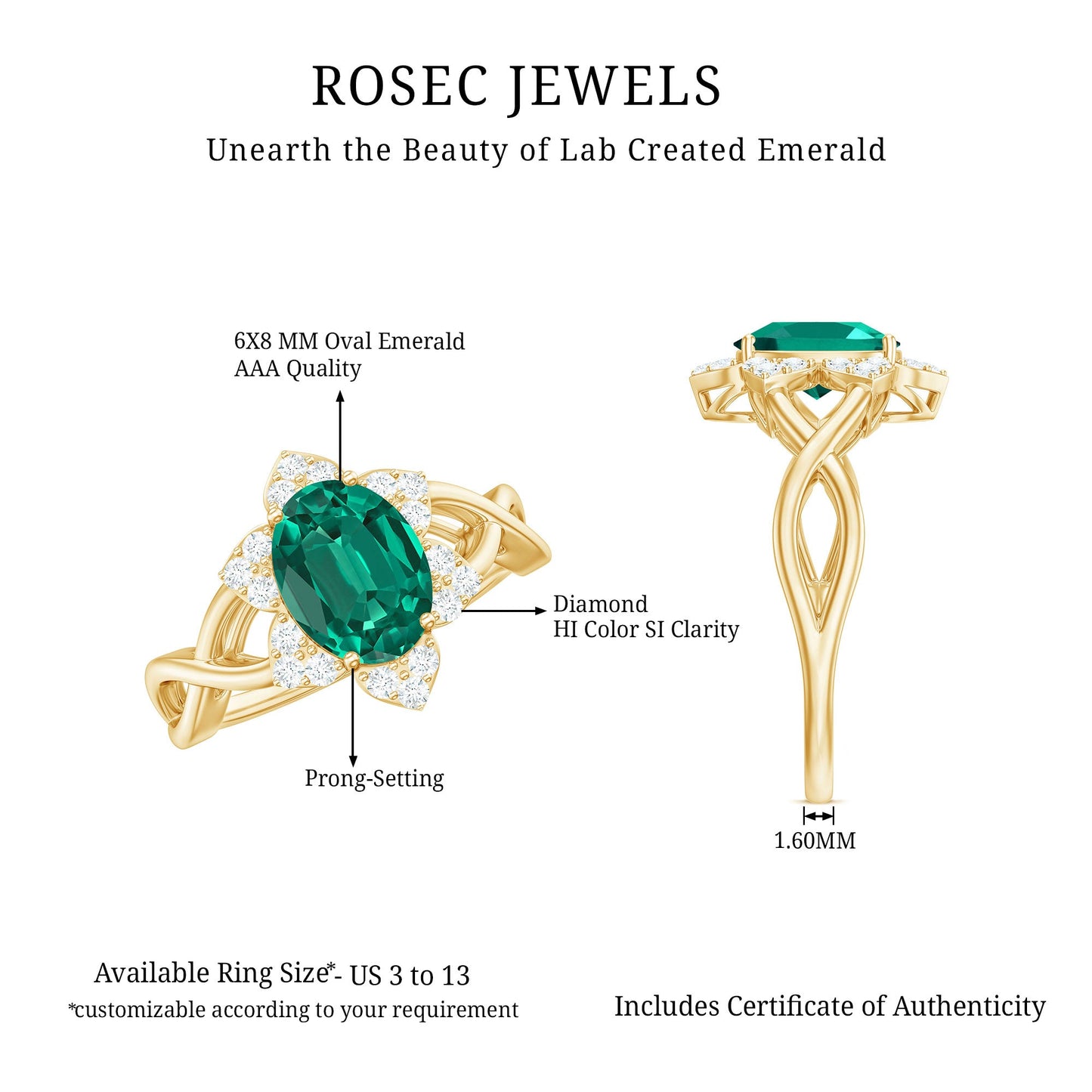 Certified Oval Lab Grown Emerald Diamond Flower Engagement Ring with Crossover Shank