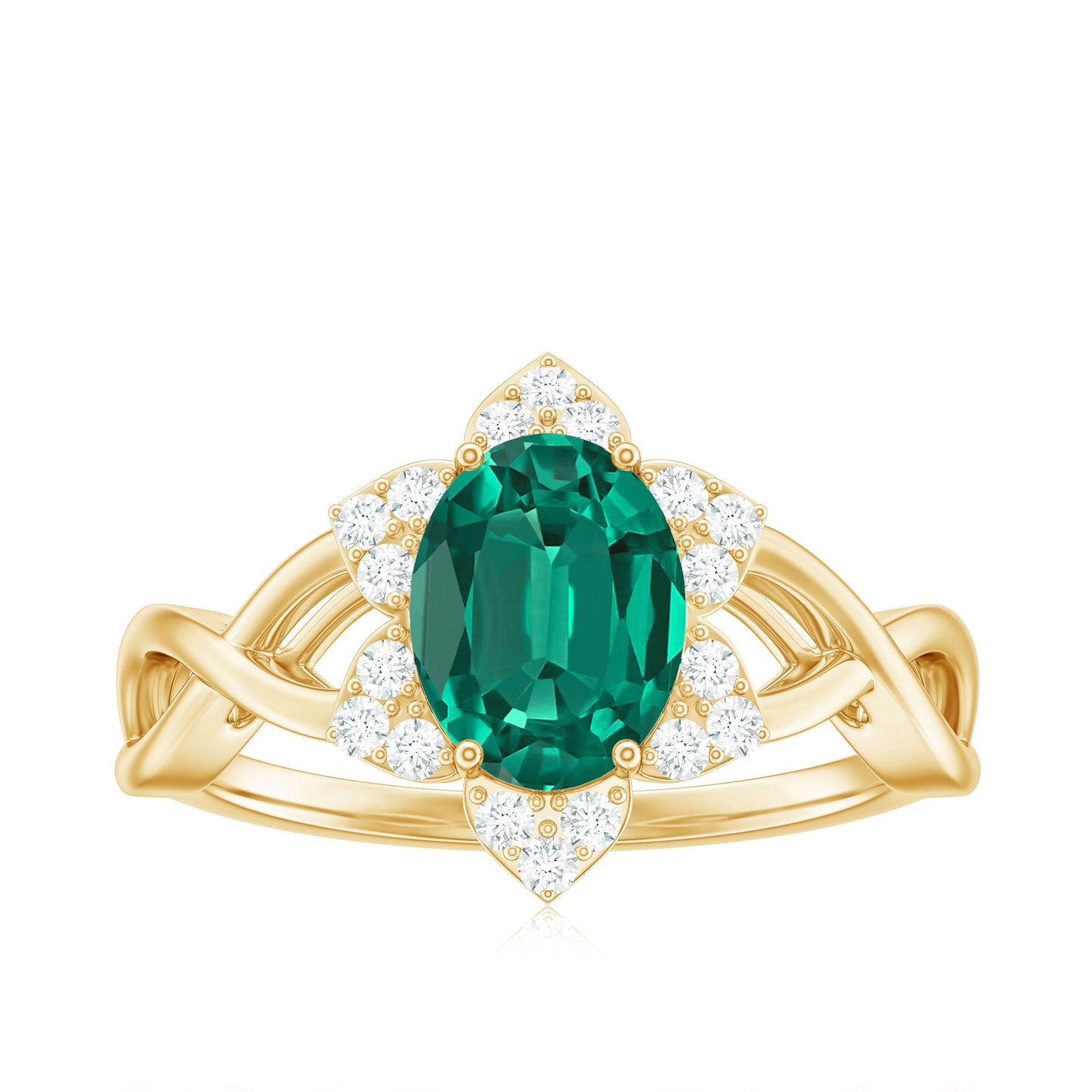 Certified Oval Lab Grown Emerald Diamond Flower Engagement Ring with Crossover Shank
