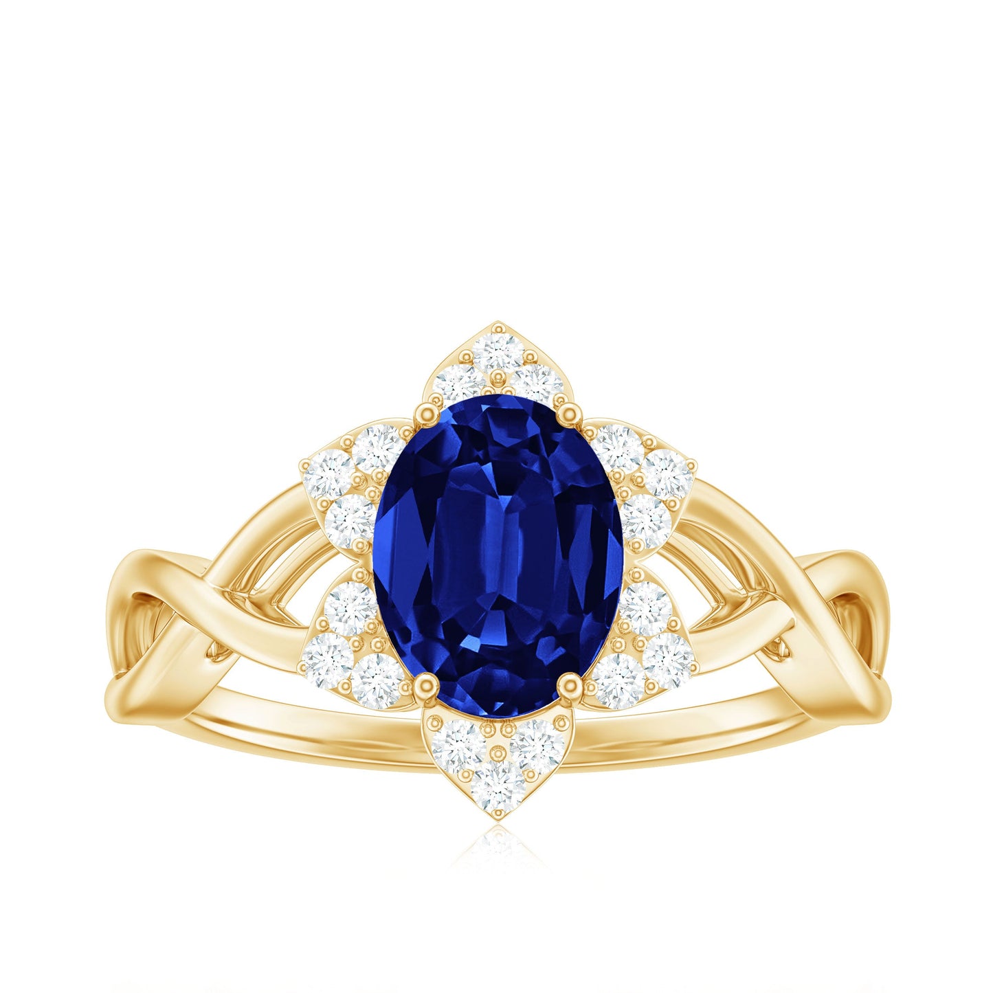 Certified 1.5 Carat Lab Grown Blue Sapphire Engagement Ring with Flower Diamond Halo