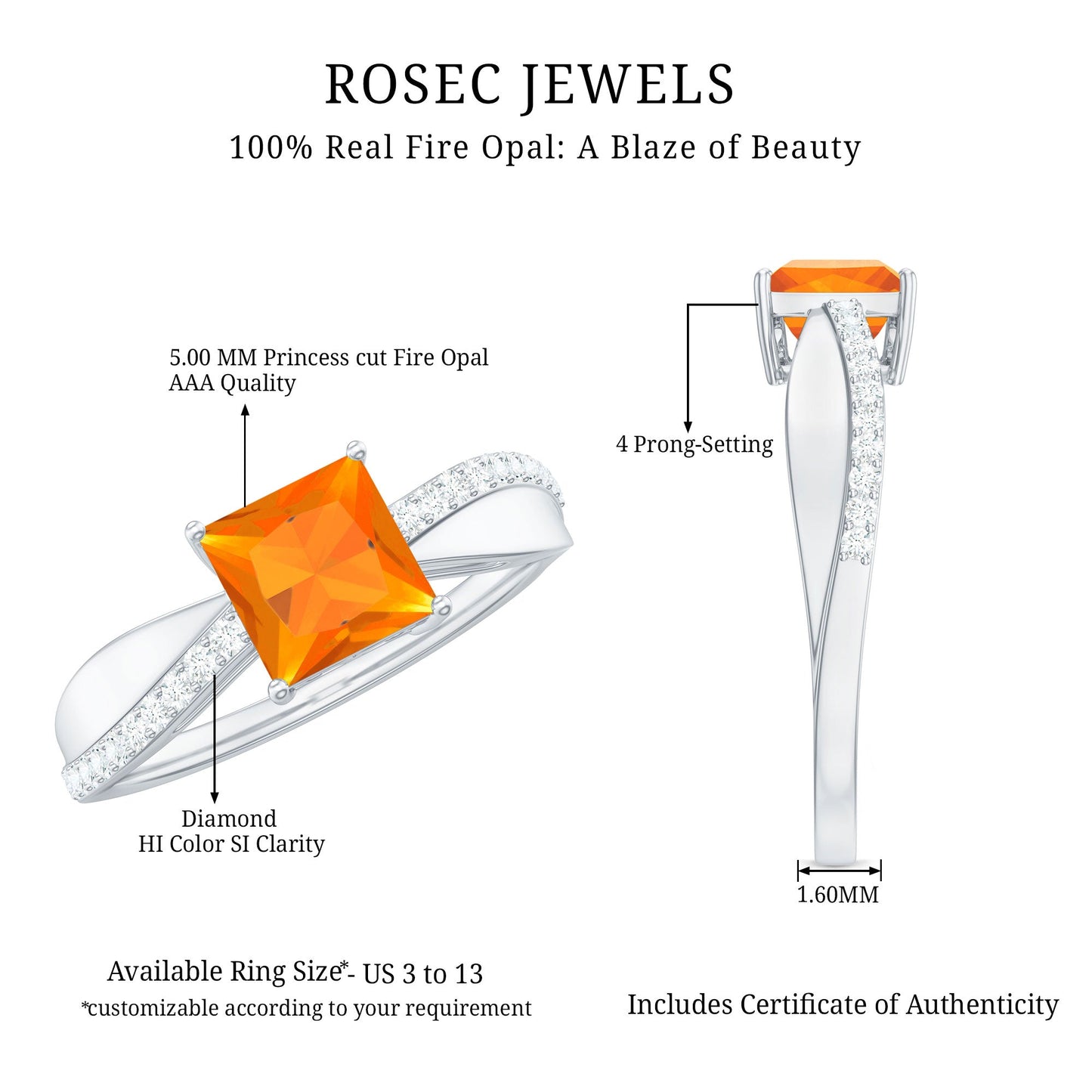 Princess Cut Fire Opal Solitaire Engagement Ring with Diamond