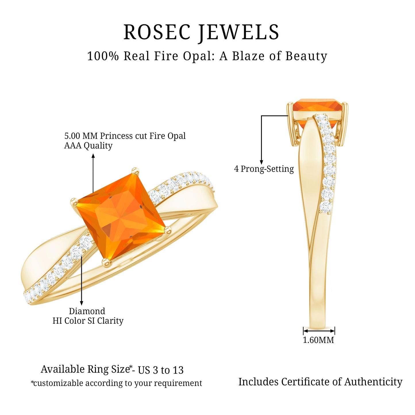 Princess Cut Fire Opal Solitaire Engagement Ring with Diamond