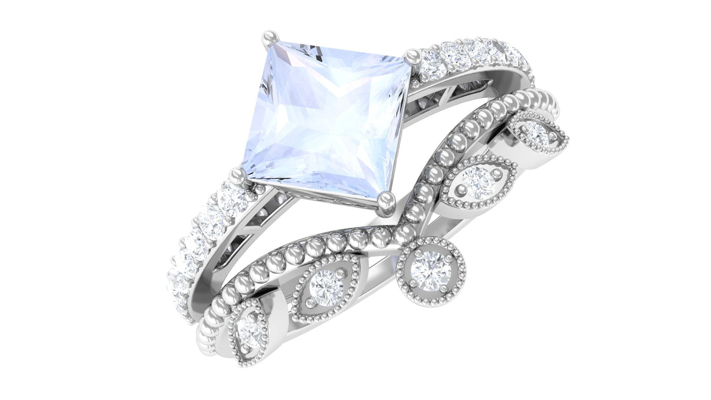 Princess Cut Moonstone Vintage Ring Set with Diamond
