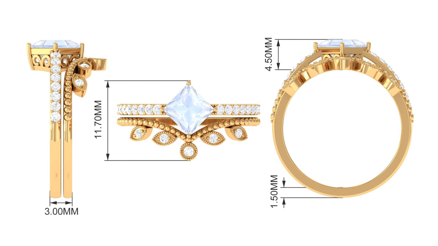 Princess Cut Moonstone Vintage Ring Set with Diamond