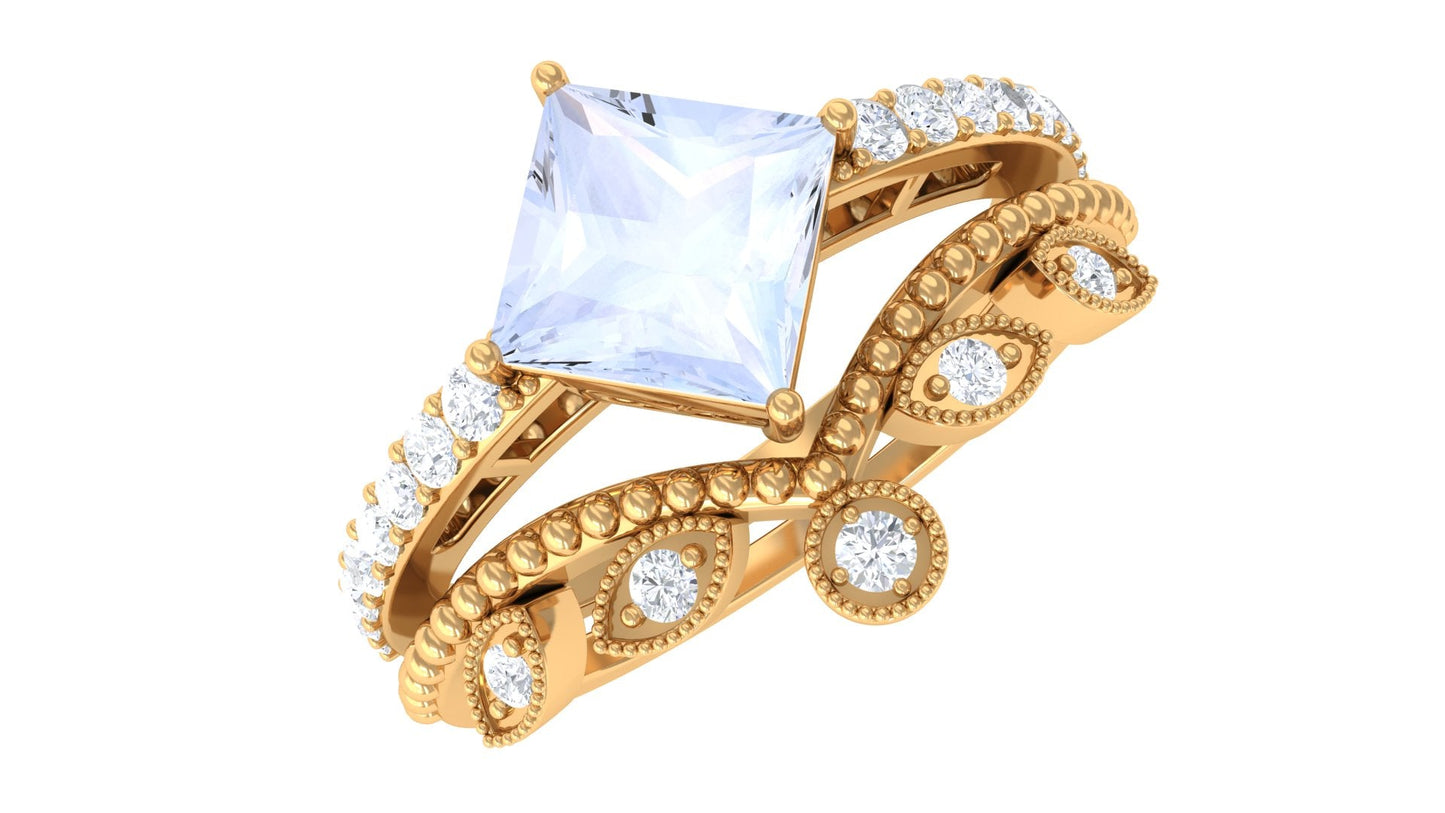 Princess Cut Moonstone Vintage Ring Set with Diamond