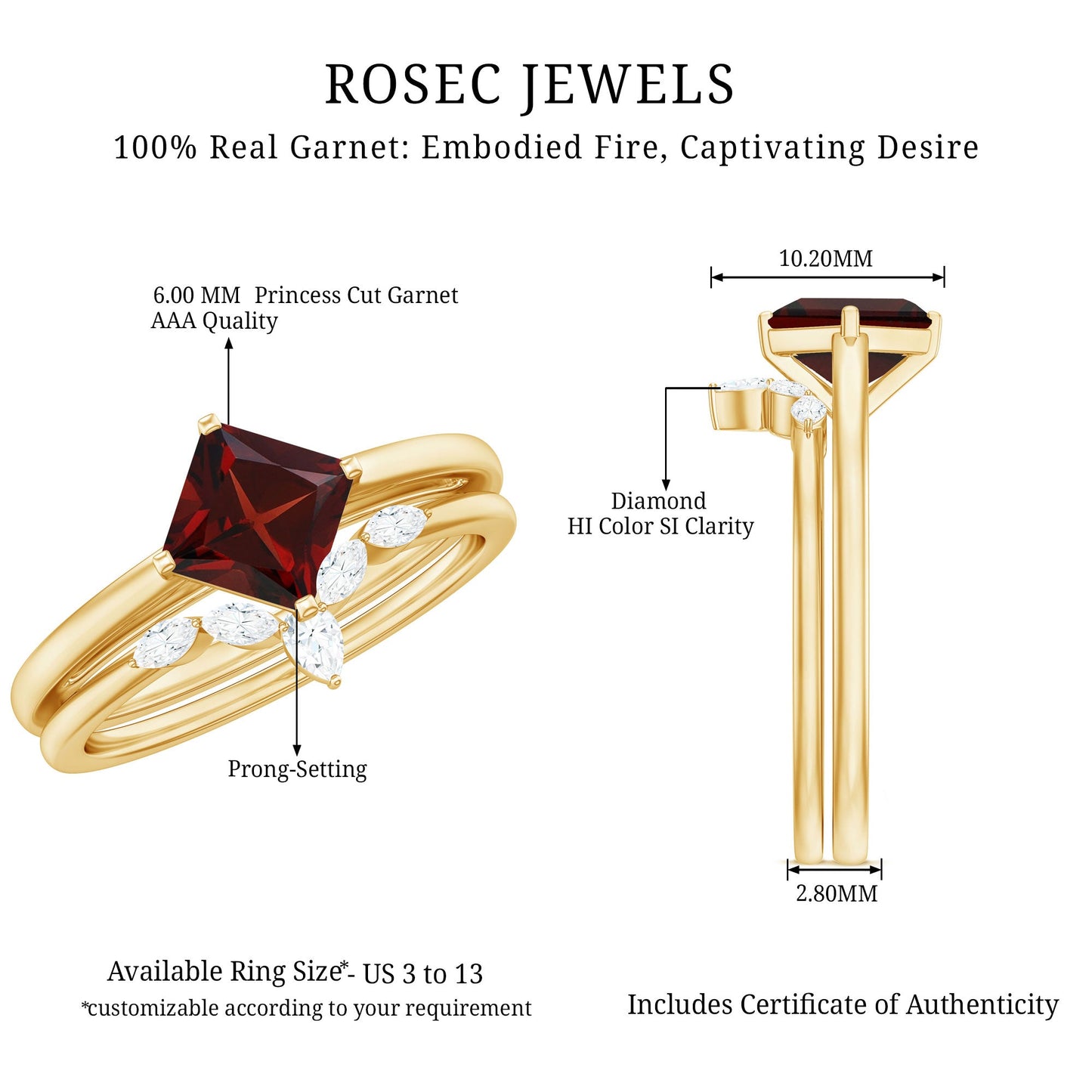 1.4 Carat Princess Cut Garnet Solitaire Bridal Ring Set with Diamonds