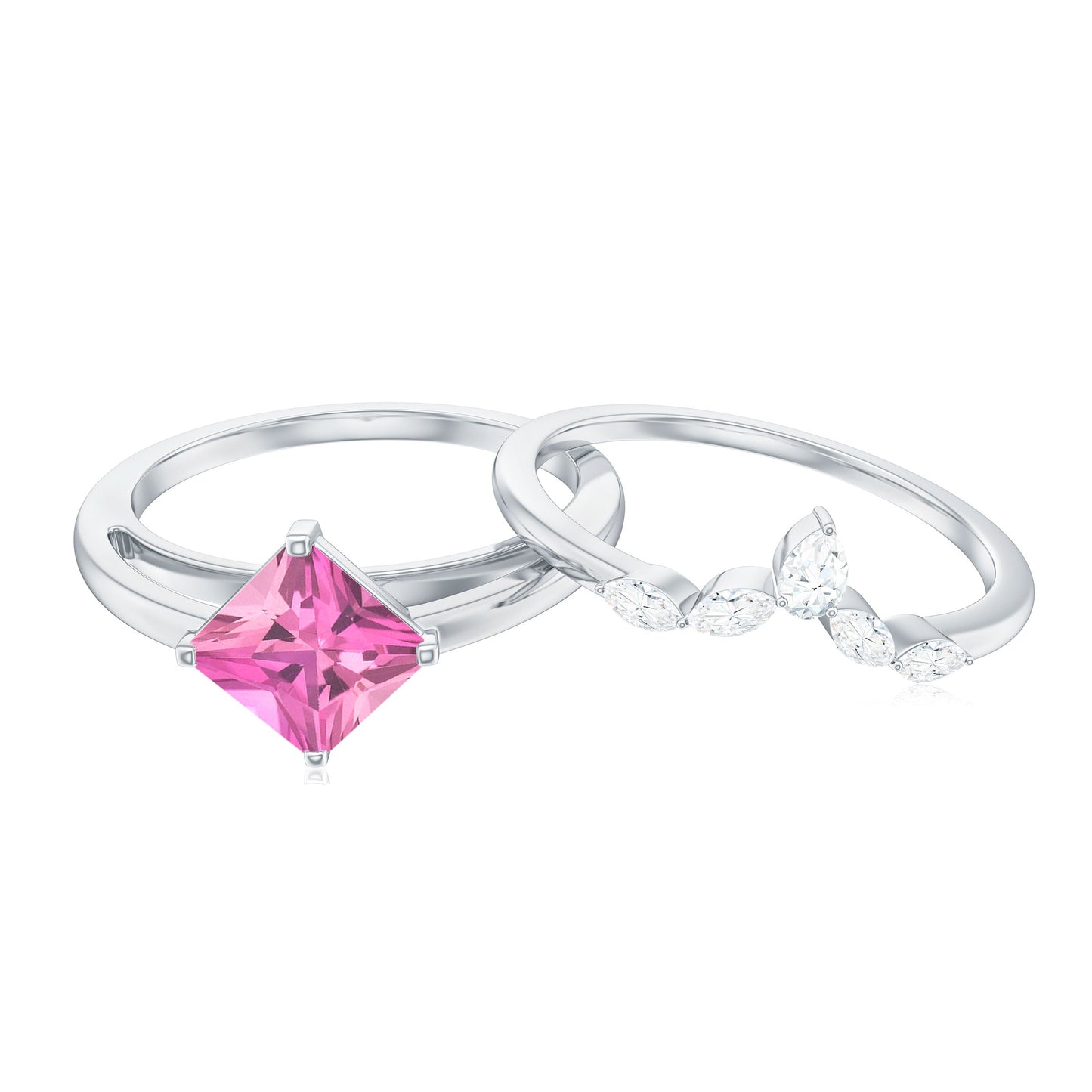 Princess Cut Pink Tourmaline Solitaire Ring Set with Diamond
