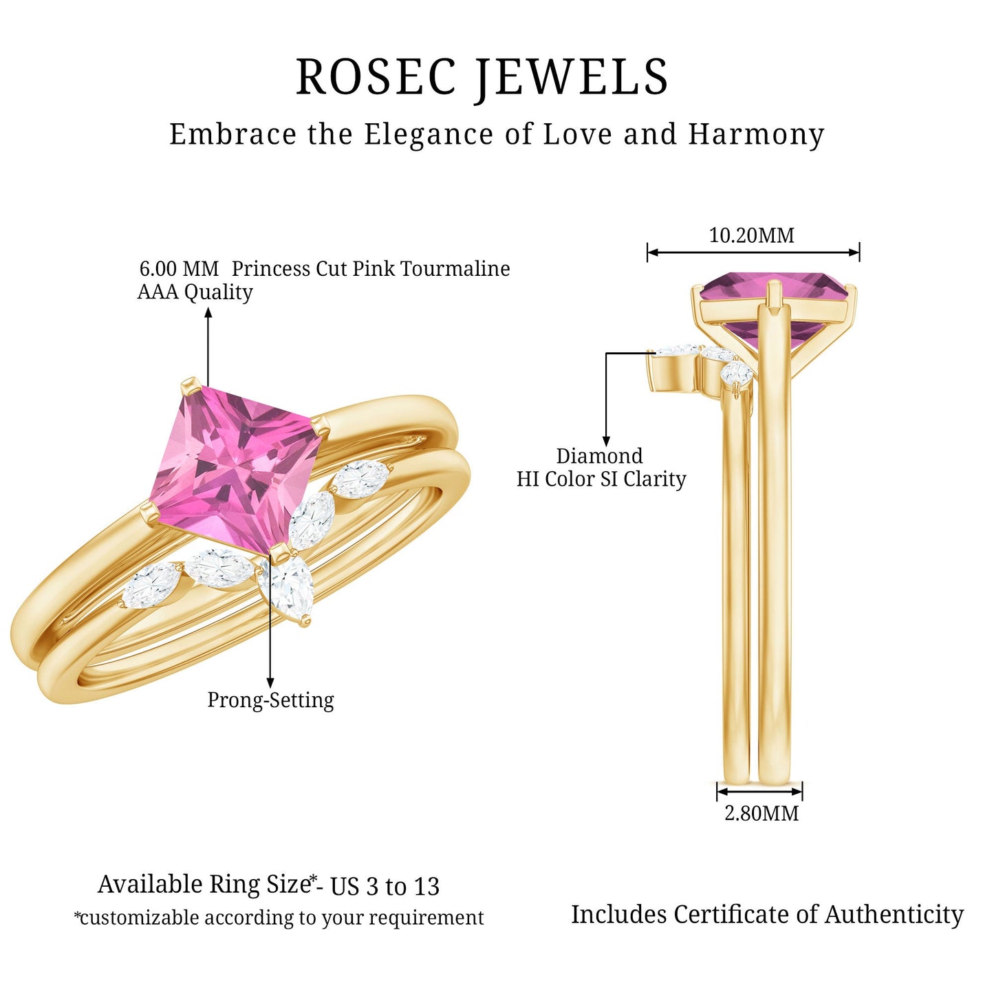Princess Cut Pink Tourmaline Solitaire Ring Set with Diamond