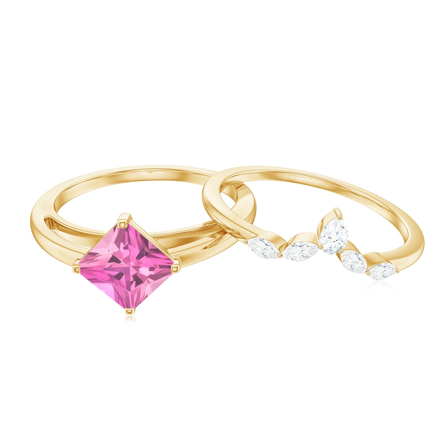 Princess Cut Pink Tourmaline Solitaire Ring Set with Diamond